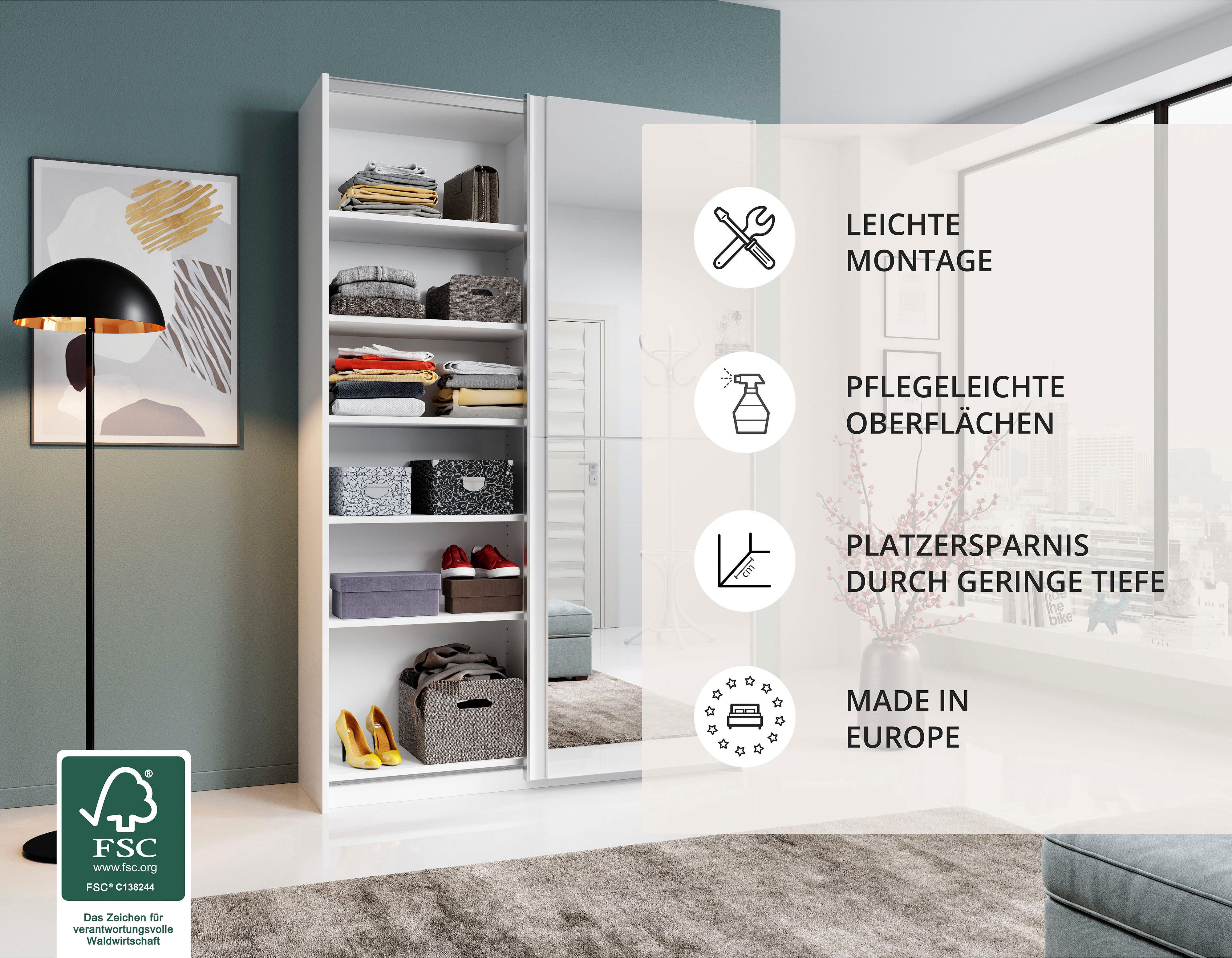 Schlafkontor Schwebetürenschrank Heimo/Fast Schrank Kleiderschrank Garderobe geringe Tiefe, ausziehbarer Kleiderstange, Garderobenschrank, 6 Böden