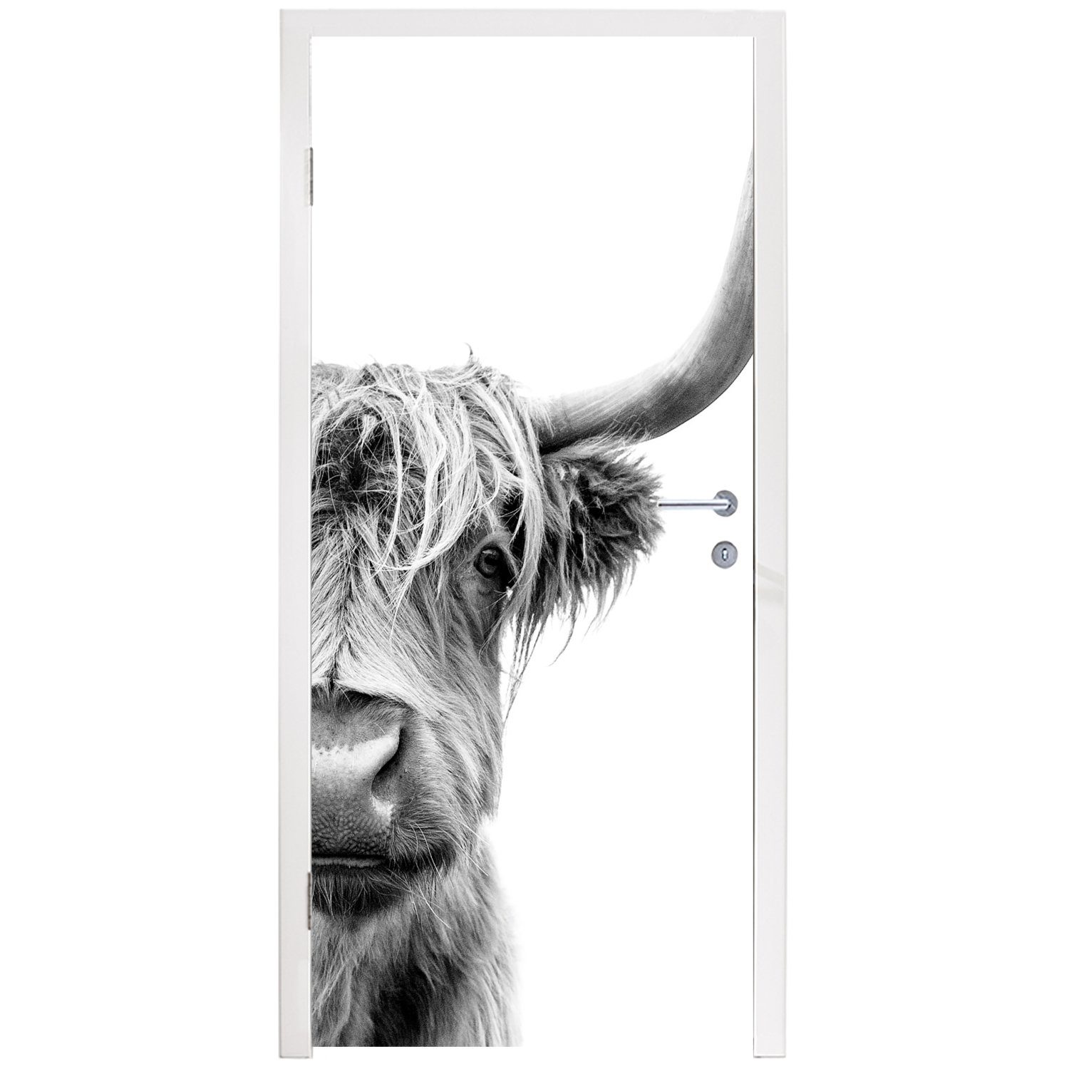 Weiß, St), MuchoWow - Matt, bedruckt, Schwarz Tür, Tiere - Highlander 75x205 - Schottischer Fototapete für Türaufkleber, (1 Türtapete cm