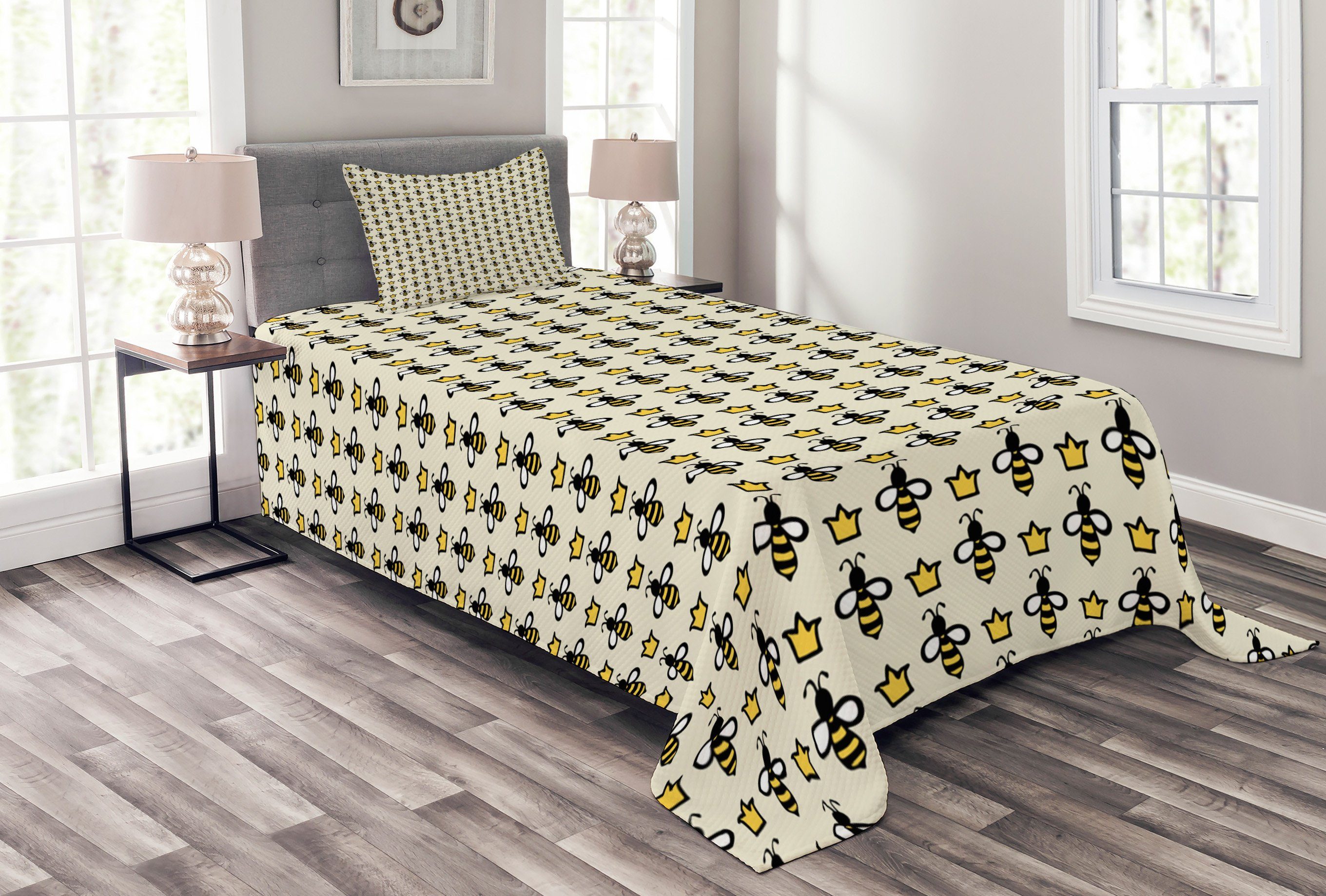 Tagesdecke Set mit Kissenbezügen Waschbar, Cartoon-Stil Kronen Bienenkönigin Bees Abakuhaus