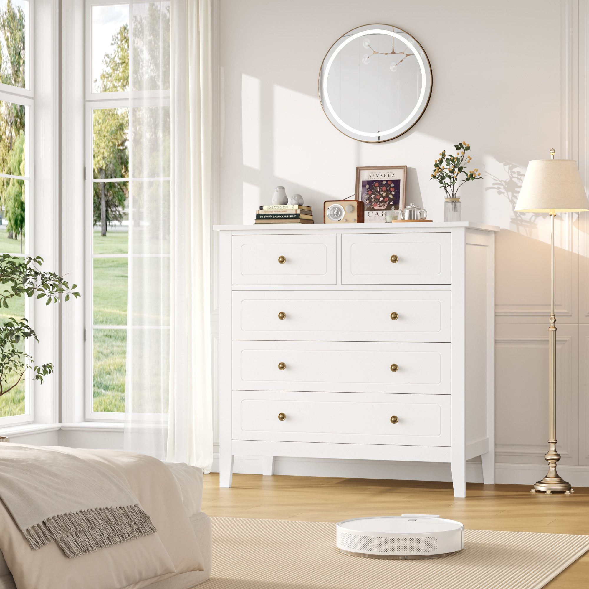 Homfa Kommode, Sideboard mit 5 Schubladen, Metallgriffe, weiß, 80x40x80cm