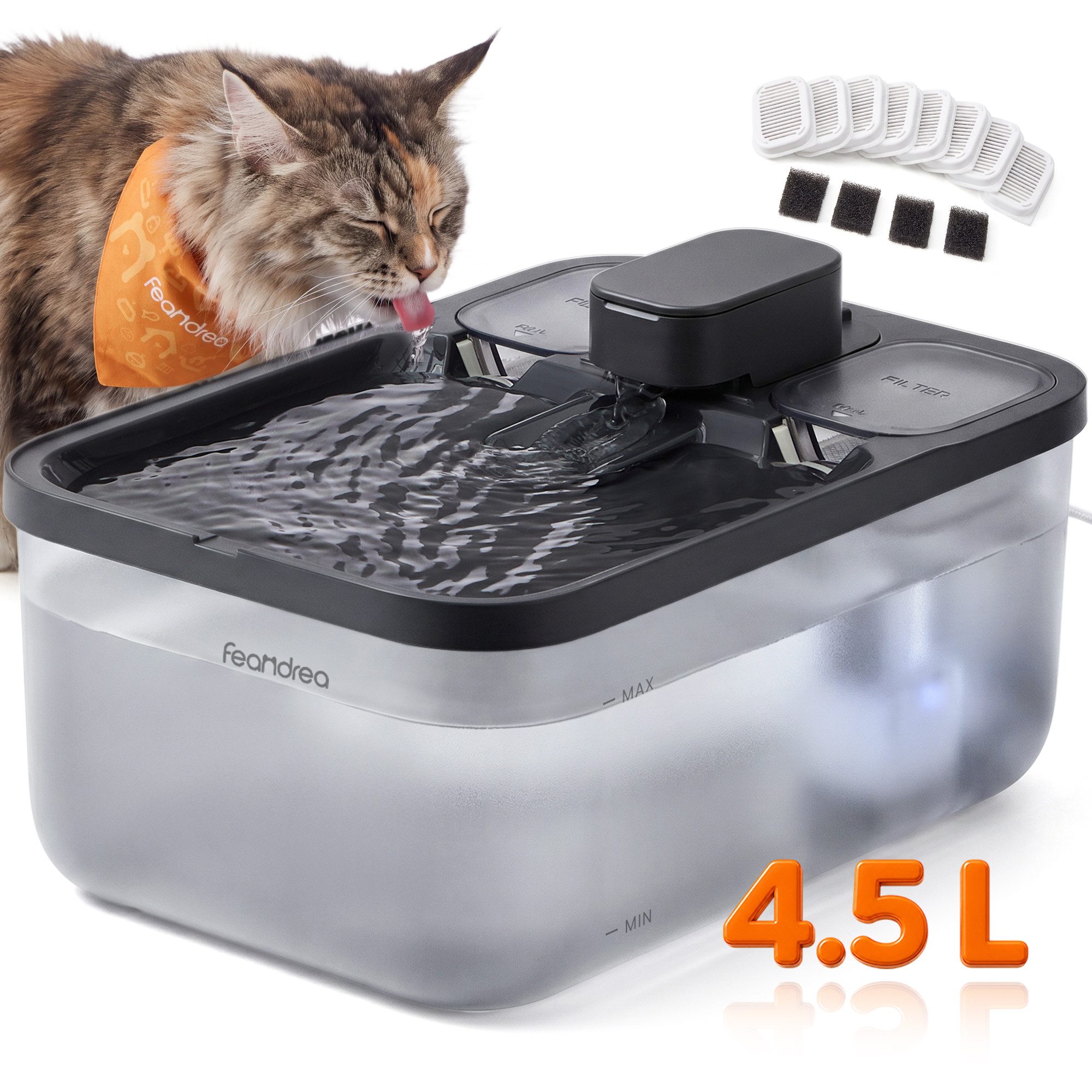 FEANDREA Trinkbrunnen 4,5 L Trinkbrunnen für Katzen, Leiser Haustierbrunnen mit Filtern, und Schwamm, Sichtbarer Wasserstand, 28,7 x 19,3 x 17,3 cm