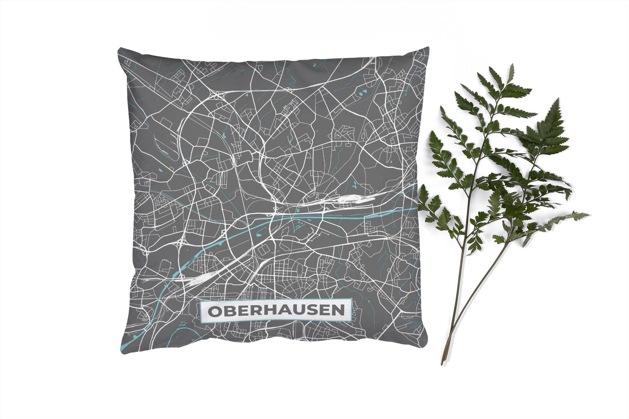 MuchoWow Dekokissen Stadtplan - Karte - Oberhausen - Blau - Deutschland - Karte, Zierkissen mit Füllung für Wohzimmer, Schlafzimmer, Deko, Sofakissen