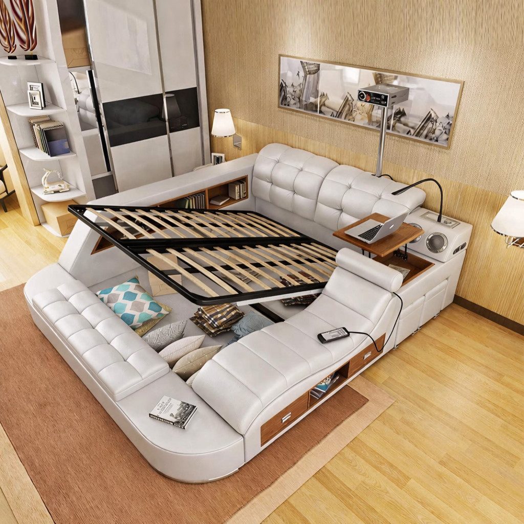 JVmoebel Multimediabett Multifunktionales Bett Moderner Stil Beigefarben Holzrahmen Bequem (2-tlg)