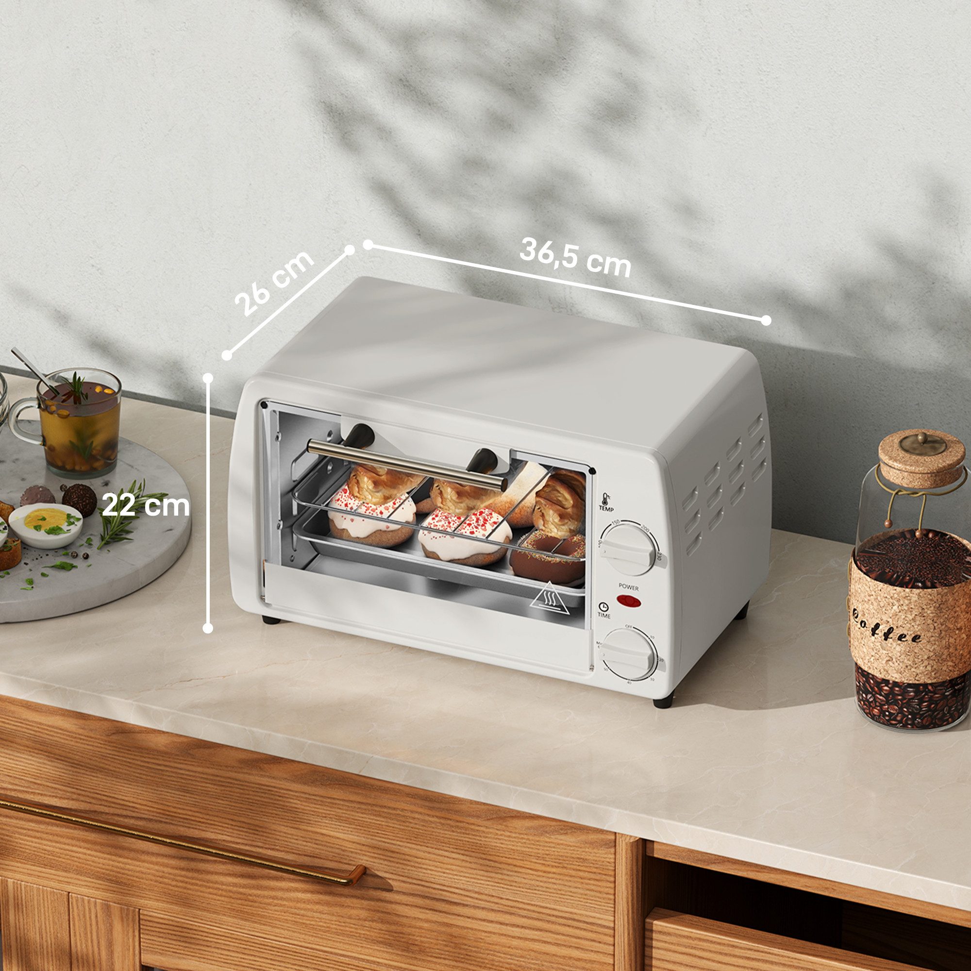 HOMCOM Minibackofen Backofen 10 L 750W 100-230℃ mit Backblech Pizza-Ofen, zum Grillen, Backen, Toasten, Cremeweiß