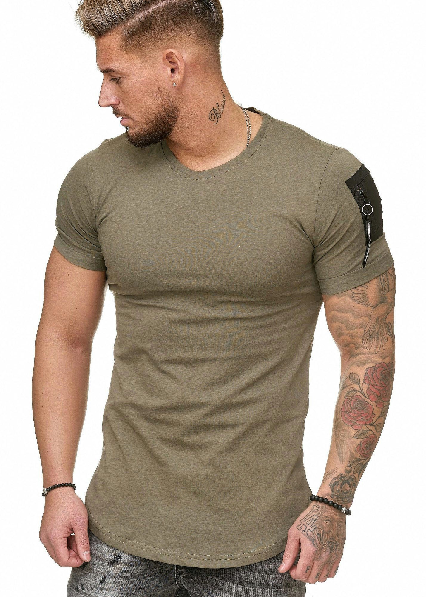 Code47 T-Shirt Oversize Shirt Khaki Fit Zipper- (1-tlg) Slim