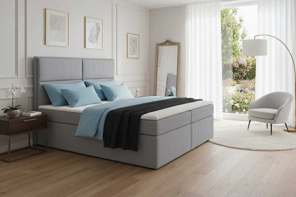 KS Home Concept Boxspringbett mit Bettkasten 120x200 cm, Taschenfederkern Matratze, Silber (Bett + Topper 4cm)