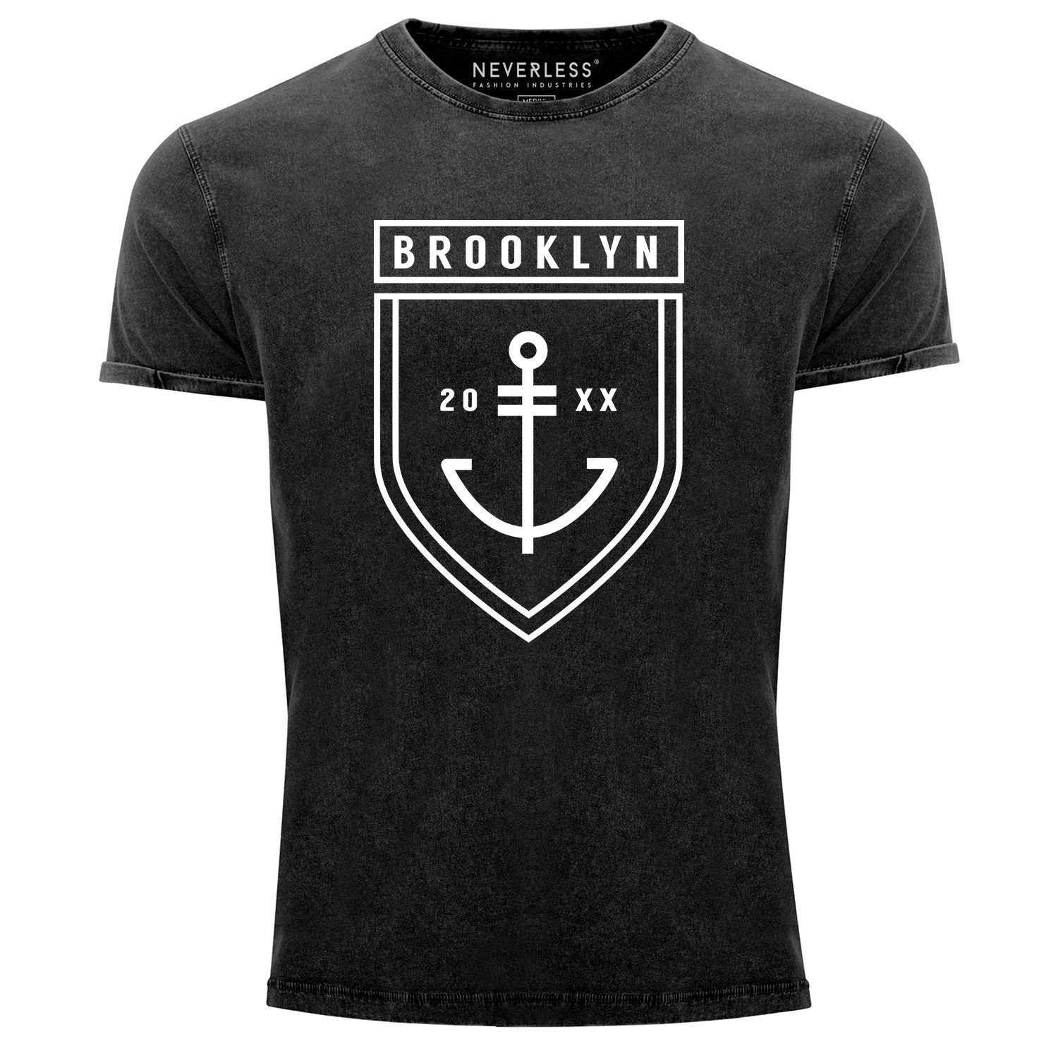 Herren Fit Vintage mit Slim Angesagtes Aufdruck Look schwarz Print-Shirt Brooklyn Shirt Cooles Used Print Anker Neverless Neverless® T-Shirt