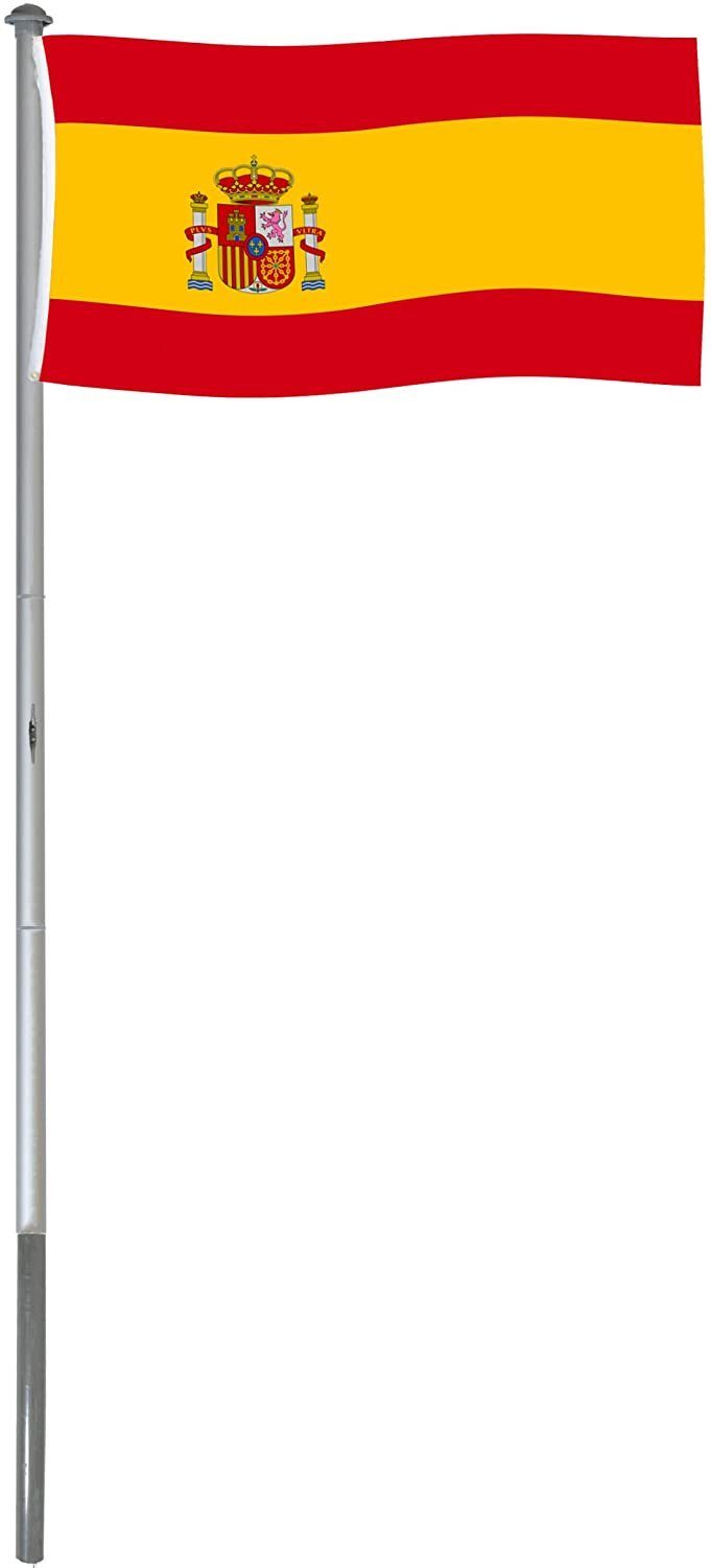 BRUBAKER Fahne Aluminium Fahnenmast inkl. Spanien Flagge 150 x 90 cm (Set, All-In-One Fahnenmast-Set), Flaggenmast mit Bodenhülse und Spanienfahne für Garten und Camping