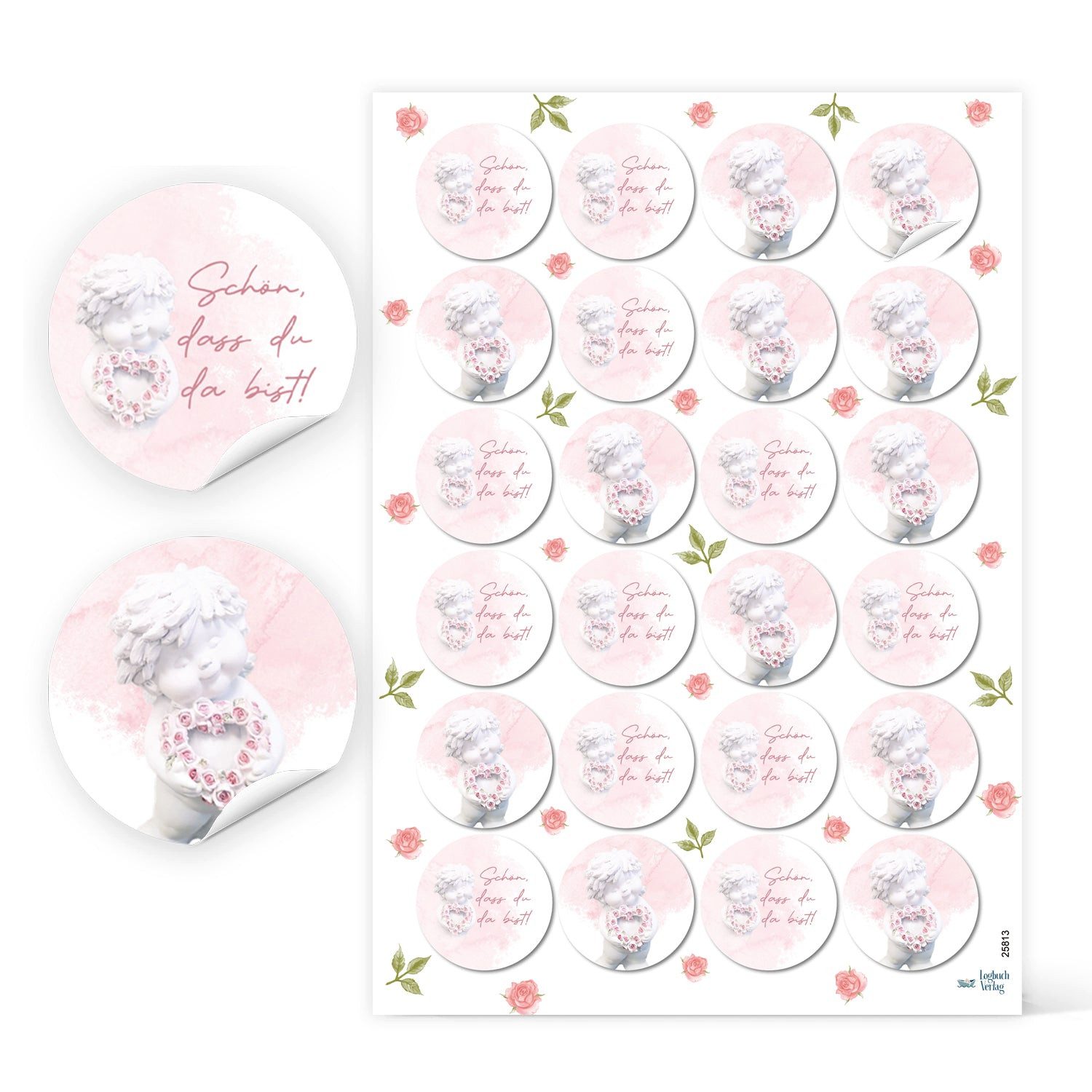 Logbuch-Verlag Aufkleber 24 Aufkleber Schön dass du da bist Engel 4 cm rund rosé