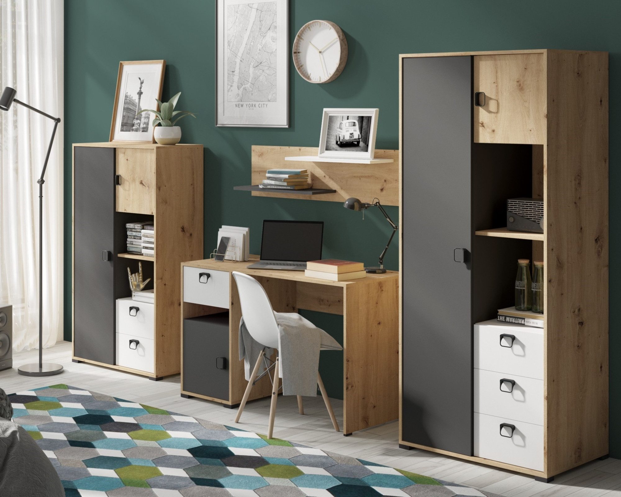 Deine Möbel 24 Jugendzimmer-Set KAMI 4 Jugendzimmer Jugendmöbel Kinderzimmer komplett, (Set, 4-tlg., Möbel fü Kinder Jugendliche), Kleiderschrank Hochkommode Kommode Schreibtisch Wandregal