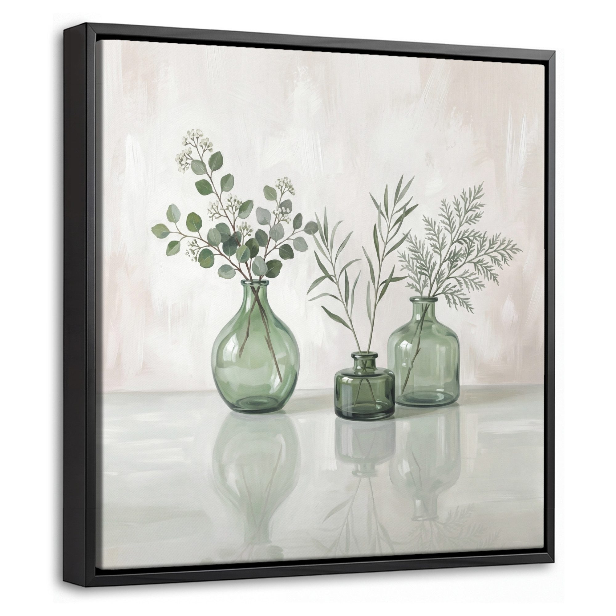 OneMillionCanvasses® Leinwandbild mit Rahmen - Vasen - Blätter - Grün, Fotodruck (1 St), Leinwand Bilder Klein, Wand Dekoration Aesthetic 20x20cm