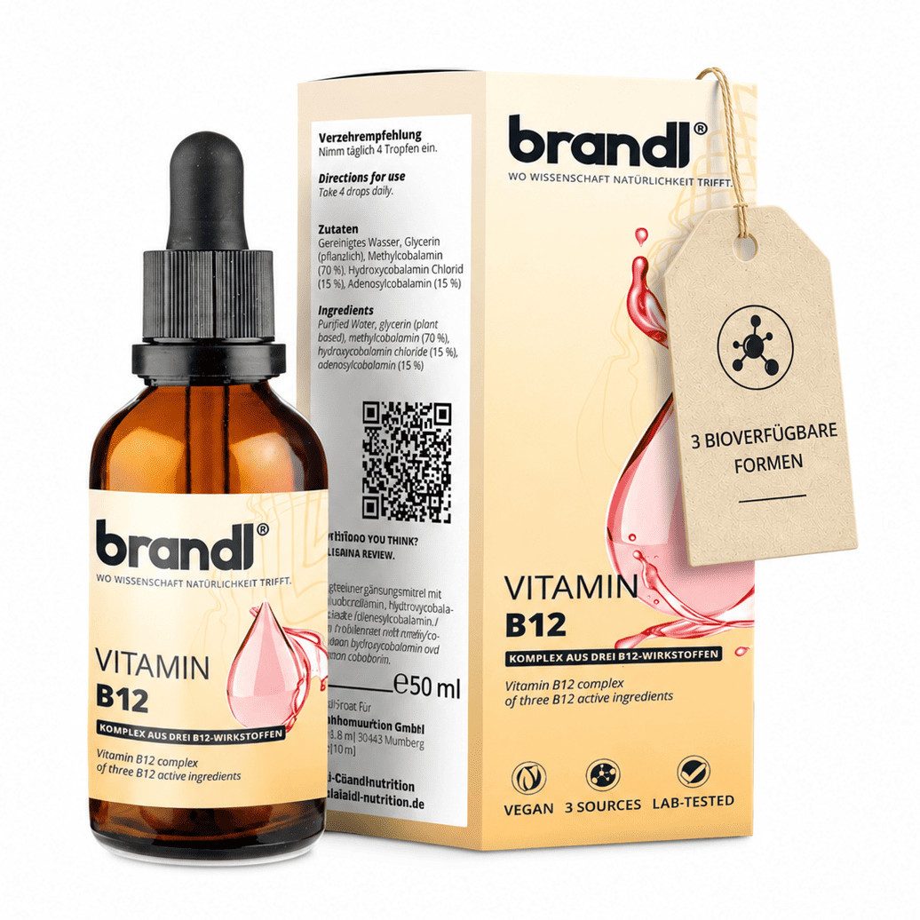 Brandl Nutrition B12 Vitamin Tropfen hochdosiert - 3 Aktivformen für Bioverfügbarkeit Flüßigkeit, Vegan & alkoholfrei mit pflanzlichem Glycerin ohne Zusatzstoffe