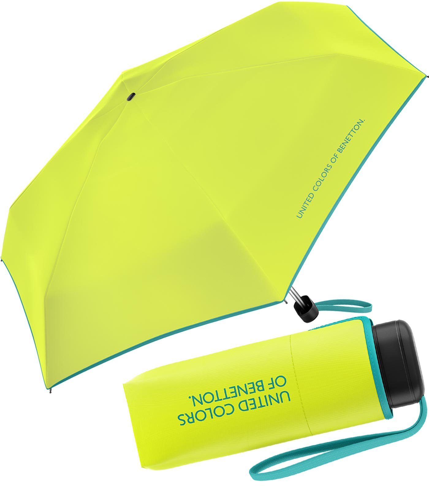United Colors Flat Taschenregenschirm mit Saum Modefarben punch, 2022 Benetton - HW kontrastreichem leuchtende of Mini Ultra lime limette-petrol