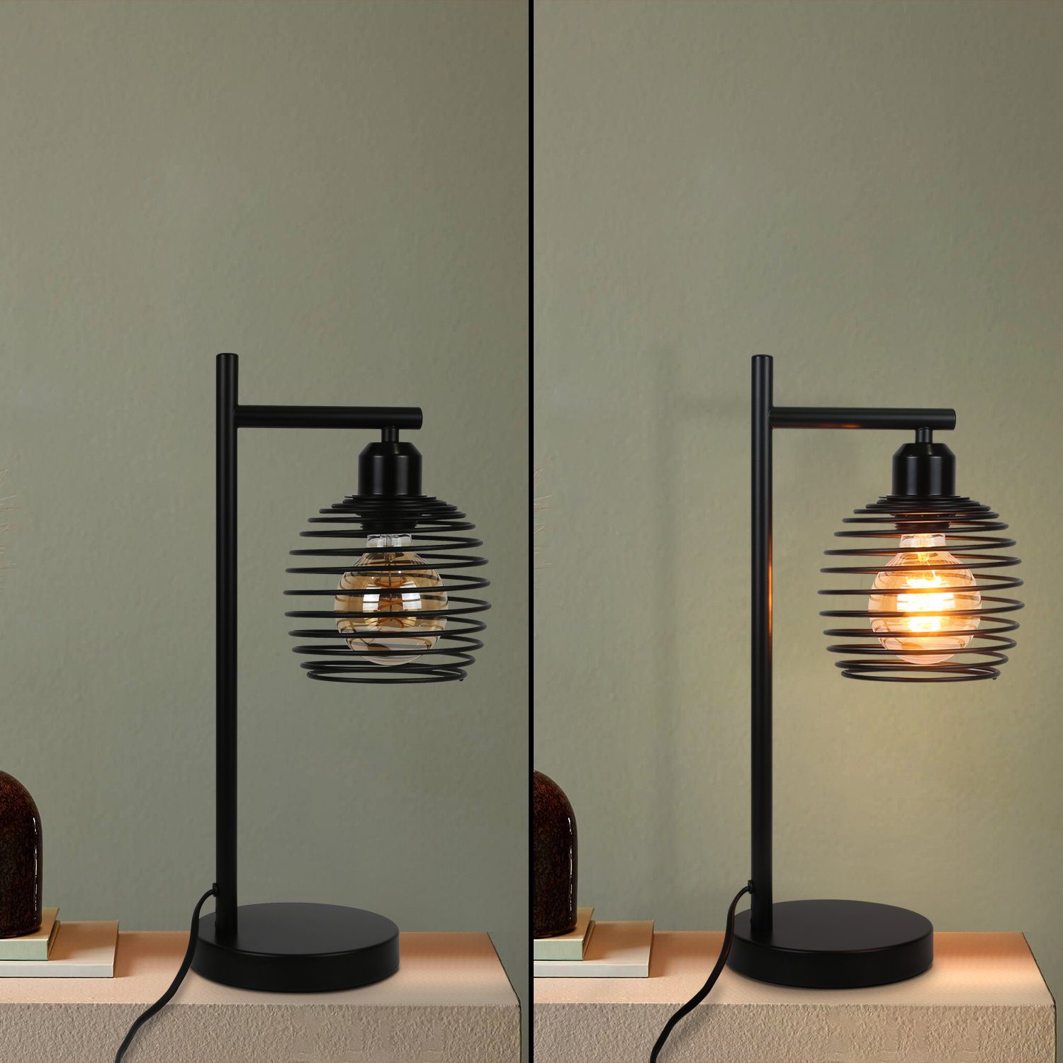 ZMH Tischleuchte Vintage Holz Metall, E27, 1-flammig, ohne Leuchtmittel, Industrial-Lampe mit Kabelschalter – Bild 4 von 5