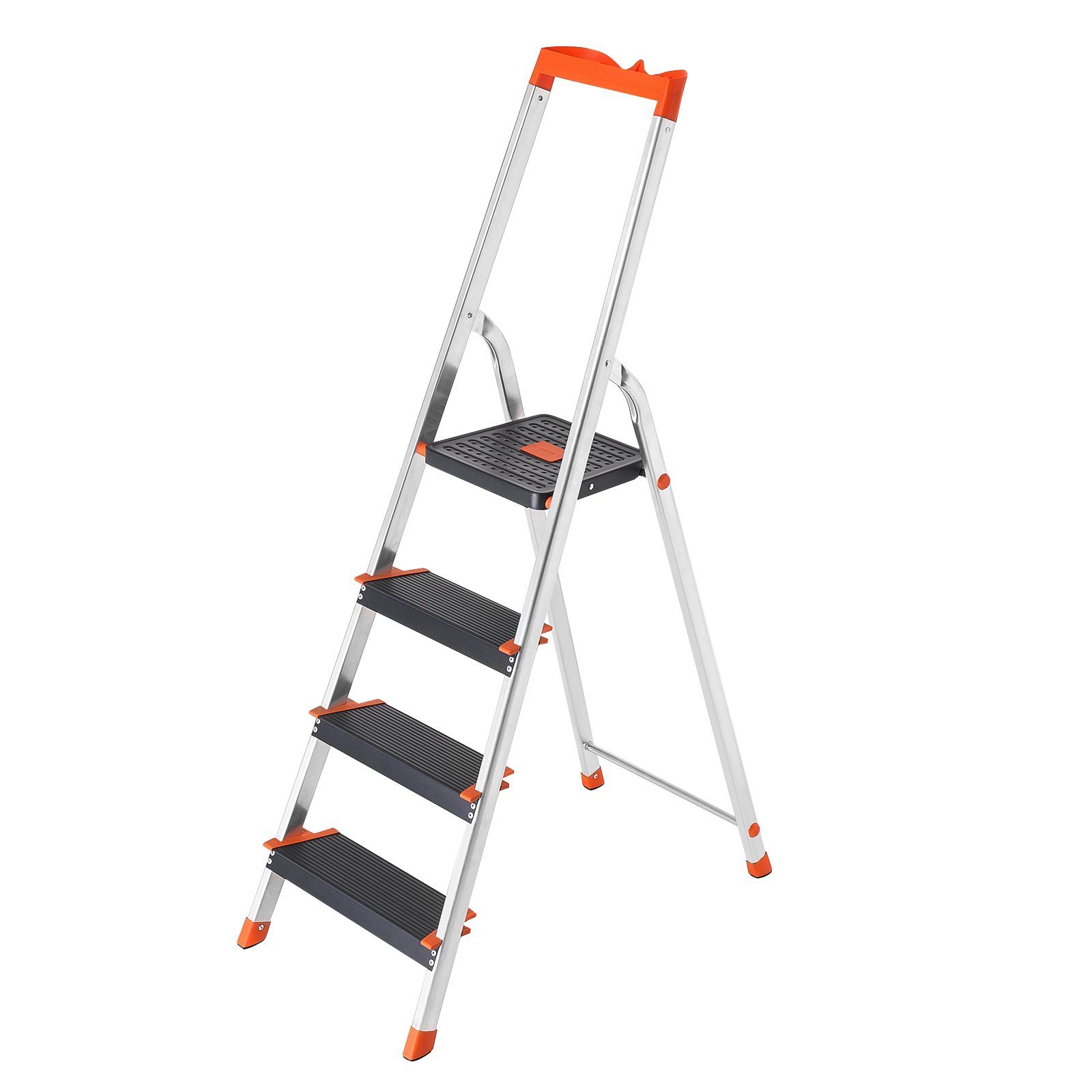 SONGMICS Trittleiter Aluleiter, 12 cm breite Stufen mit Riffelung, Anti-Rutsch-Füße, mit Handlauf, bis 150 kg belastbar, Leiter mit 4 Stufen