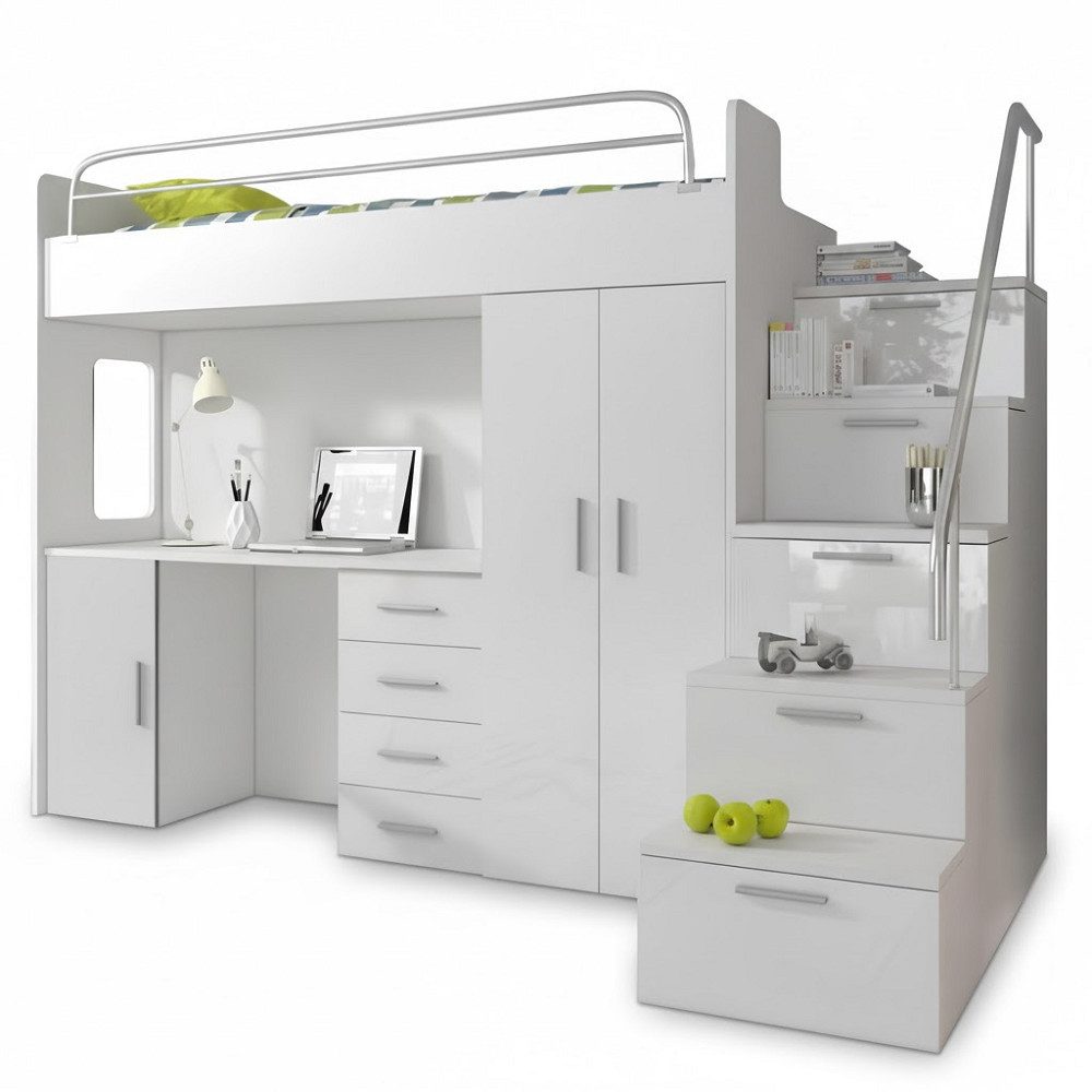 JVmoebel Hochbett Weißes Multifunktions Hochbett Doppelstockbett SOFORT (Etagenbett) Made in Europa