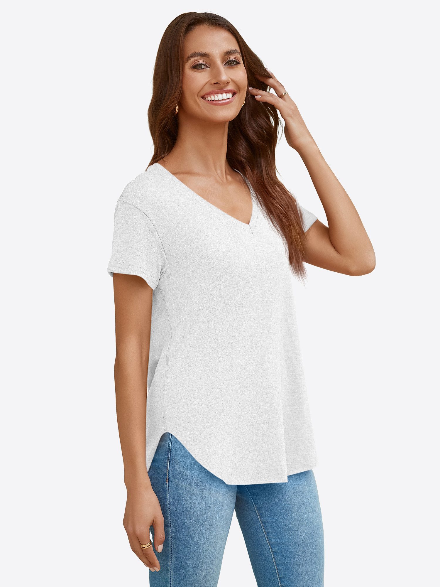 Imily Bela T-Shirt Damen V-Ausschnitt mit verlängertem, gerundetem Saum (Packung, 1-tlg., 1per-Pack) in Unifarbe