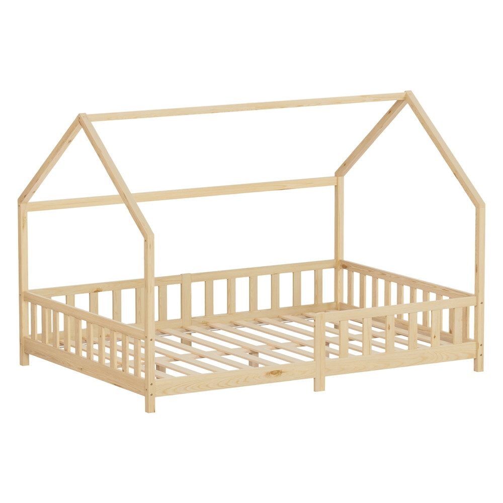 ML-DESIGN Spielbett Hausbett Kinderbett inkl. Lattenrost kreativ Bodenbett für Kinder, Abenteuerbett zum Spielen mit Rausfallschutz Kiefer Natur Himmelbett