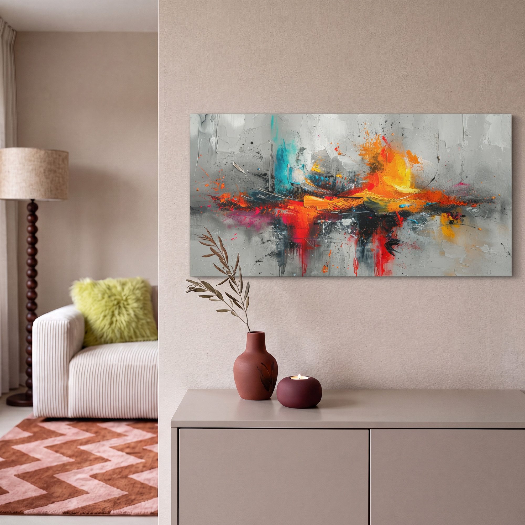 OneMillionCanvasses® Leinwandbild Panorama Modern - Orange - Grau - Kunst, Fotodruck (1 St), Wandbild, Deko Schlafzimmer Wohnzimmer Flur 40x20 cm – Bild 2 von 5