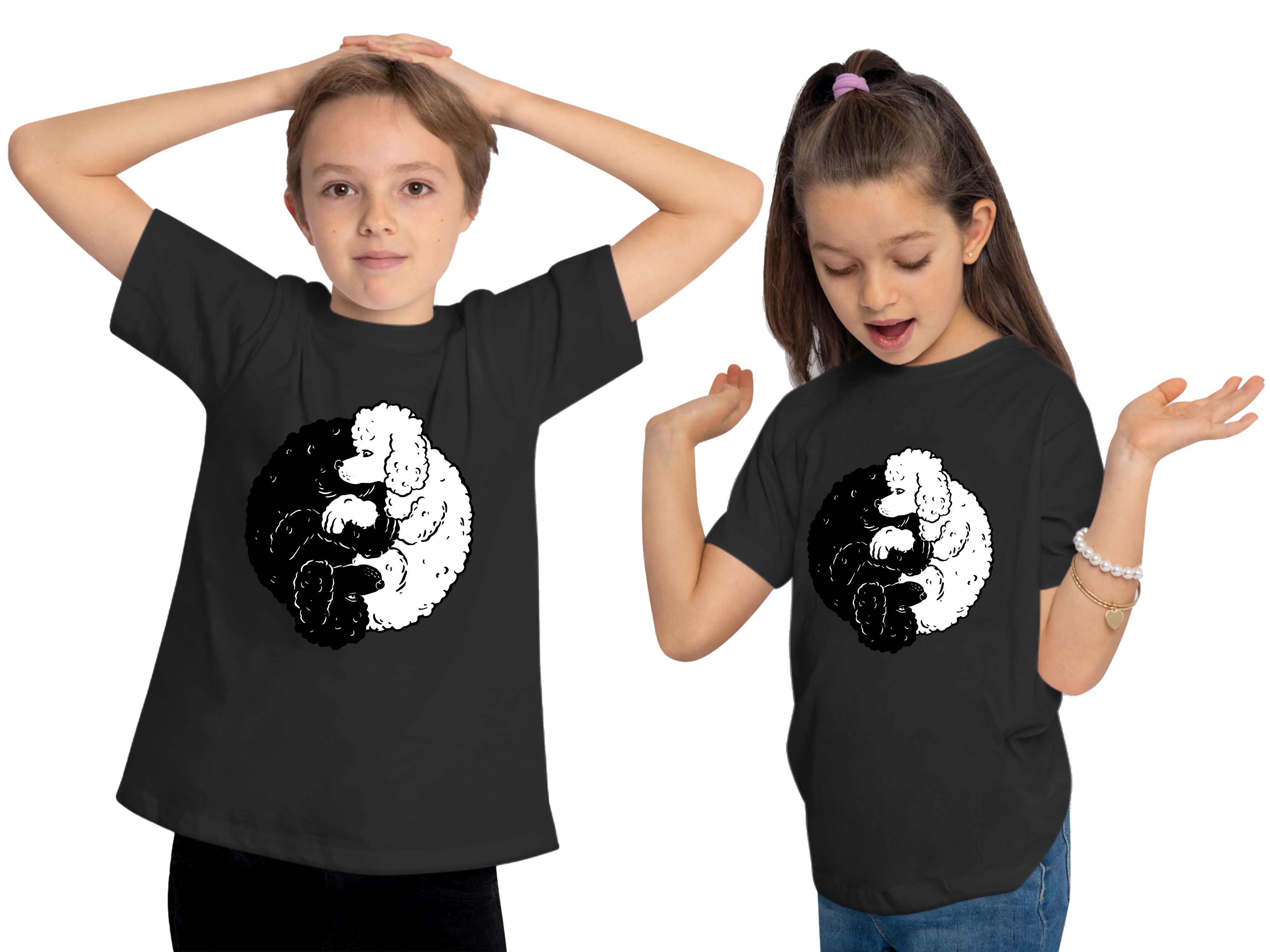 Hunde bedruckt Yin Baumwollshirt Print-Shirt - MyDesign24 mit Yang Kinder T-Shirt Pudel Aufdruck, schwarz i235