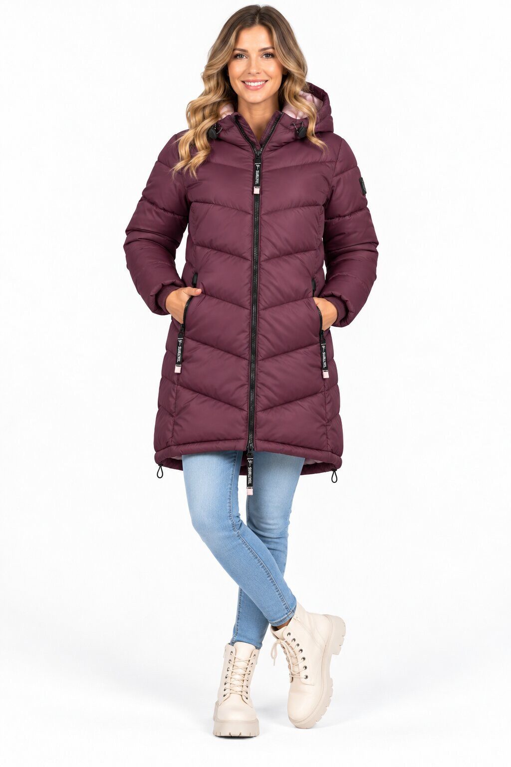 SUBLEVEL Steppjacke Damen Mantel mit Kapuze lange Winter Jacke Parka Stehkragen, Kapuze, flauschig, kuschelig, warm, Outdoor, Mantel – Bild 2 von 5