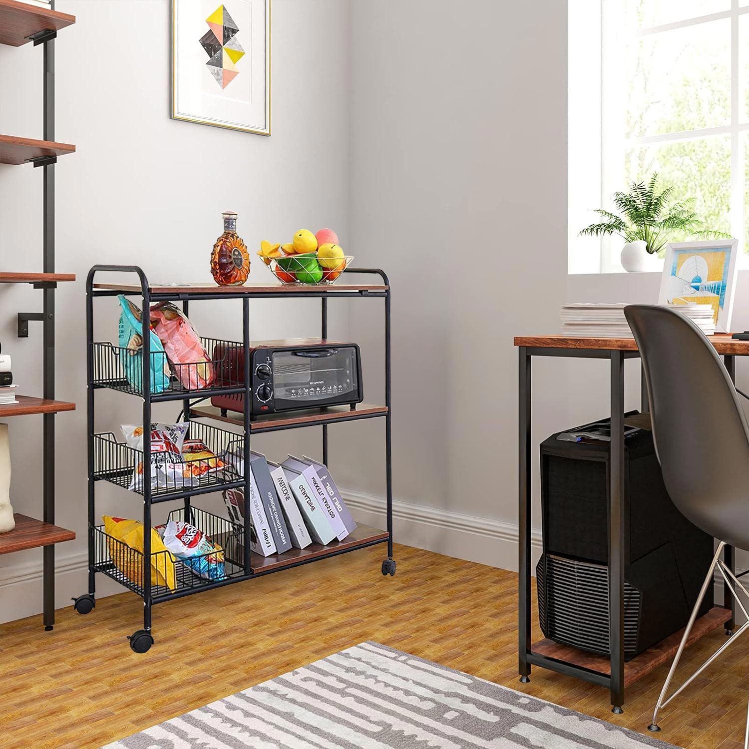 GLIESE POWER Küchenwagen Servierwagen mit 3 Schubladen Aufbewahrungskorb und 2 Ablagen