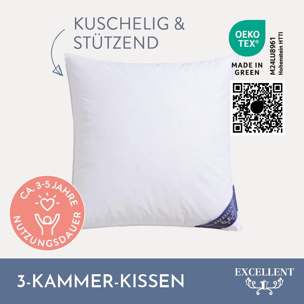 Excellent 3-Kammer-Kopfkissen Venedig, Kissen 1-tlg. oder 2-tlg. hergestellt in Deutschland!, Füllung: 90% Daunen (Außenkammer), Bezug: 100% Baumwolle, Kopfkiss – Bild 3 von 5