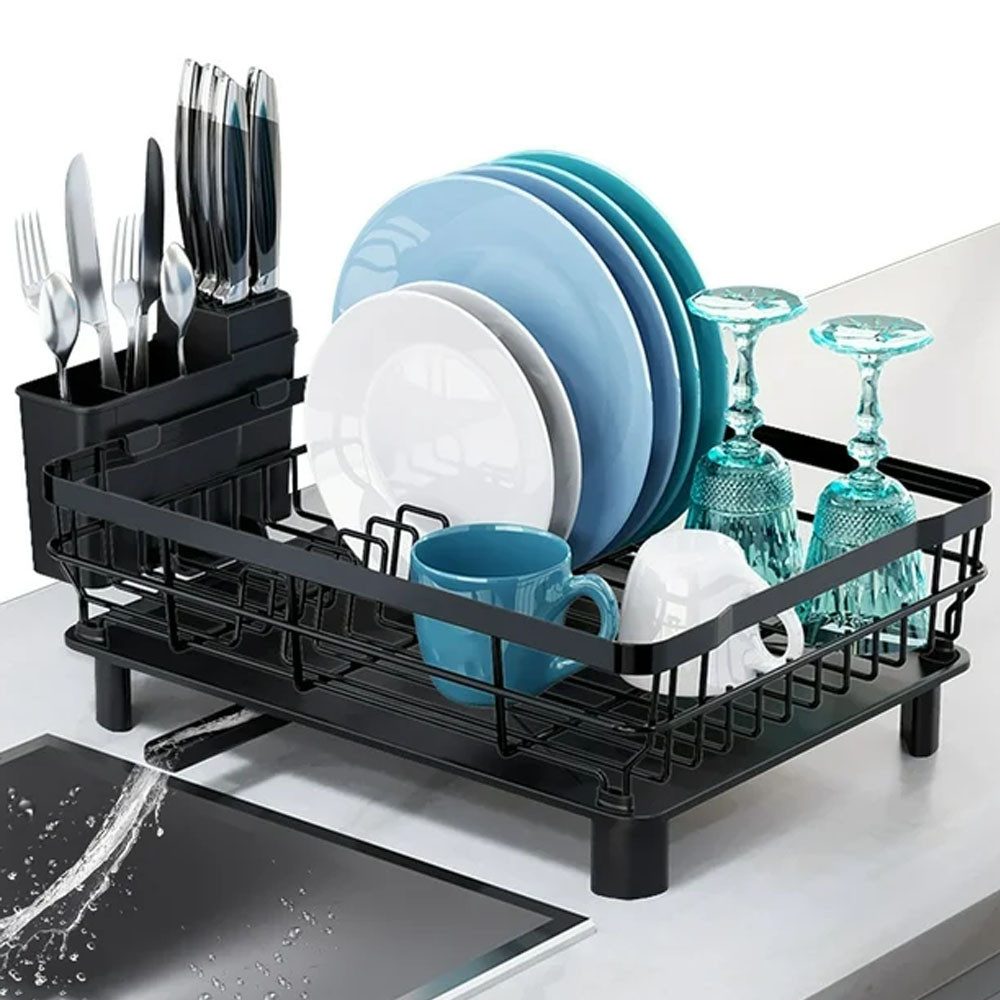 SURFOU Geschirrständer Abtropfgestell Geschirrabtropfgestell Abtropfschale Platzsparend, Zubehör für Platzsparender Abtropfgestell, mit Utensilienhalter & Messerschlitzen und 360°abnehmbarem Auslauf, Geschirrabtropfgestell für die Küchentheke mit Besteckhalter, für Besteck, Messer, Löffel, Gabeln, Teller, 42,9 x 32,8 x 15 cm