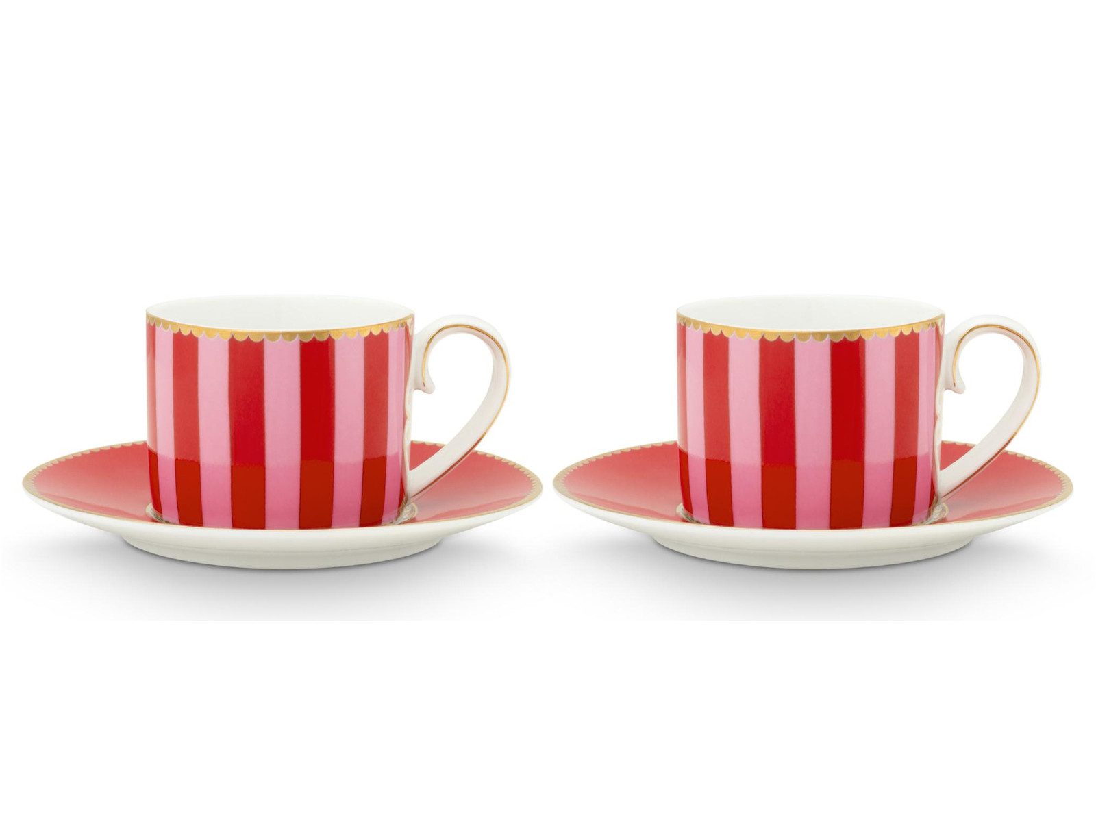 PiP Studio Espressotasse Love Birds Stripes Red-Pink Espressotasse mit Untertasse 0,125l Set2, Porzellan