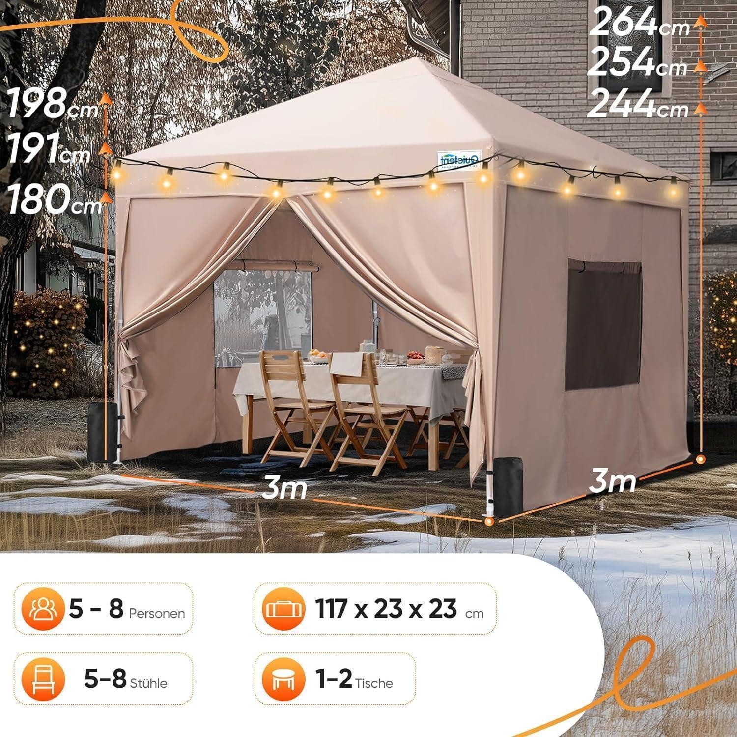 Quictent Faltpavillon Pavillon 3x3 mit 4 Seitenteilen Wasserdicht Stabil Winterfest Beige
