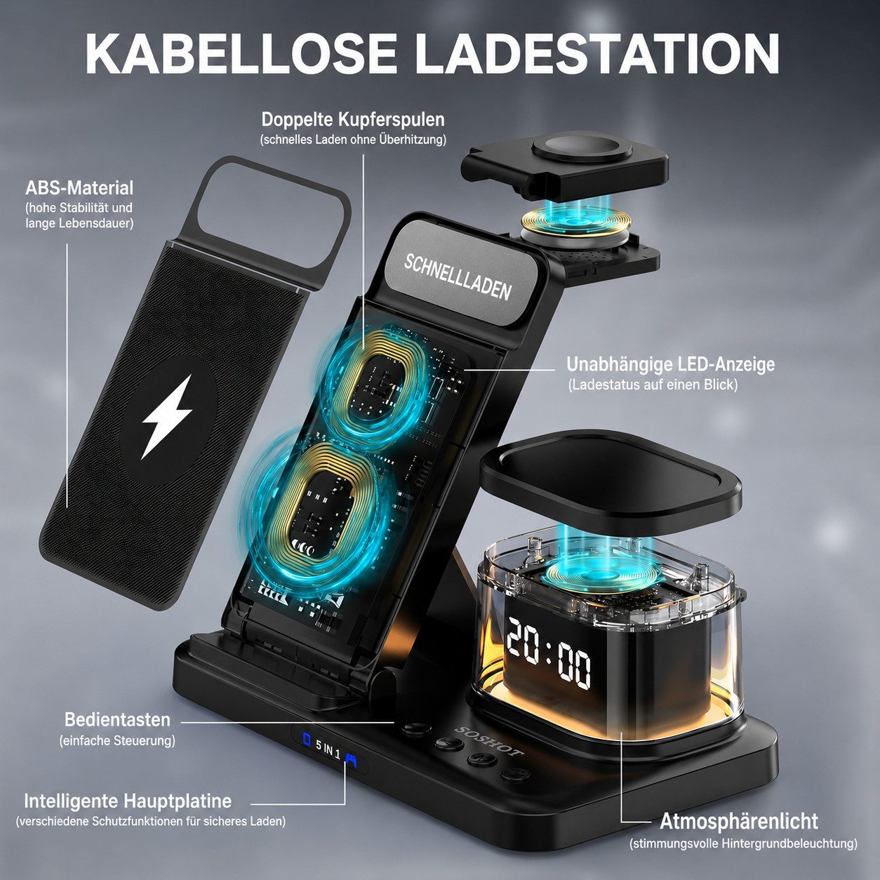 ibettertec 5-in-1 Kabellose Ladestation mit Uhr und Nachtlicht Ladestation (15W Schnellladegerät für iPhone, Apple Watch und AirPods, faltbar, kompatibel mit Sa – Bild 4 von 5