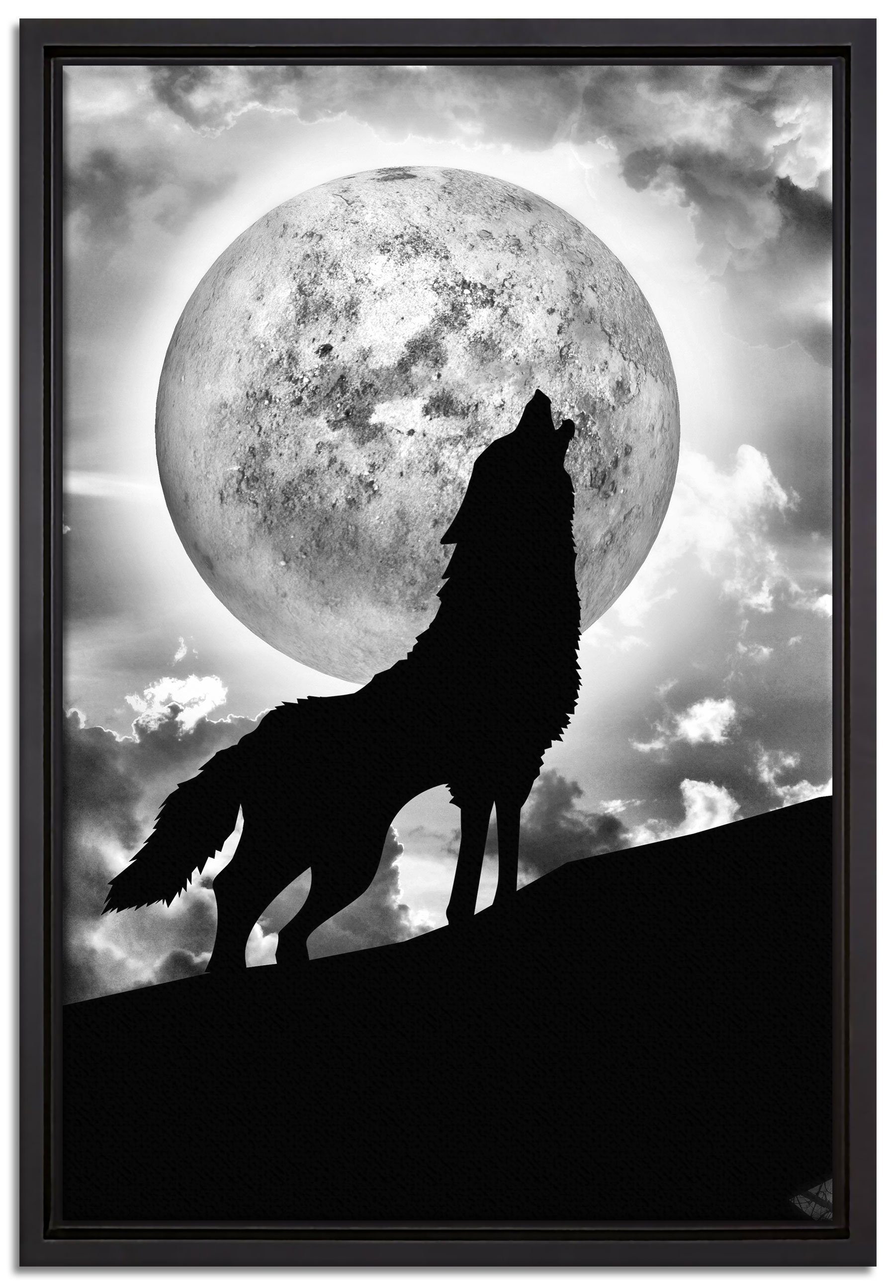 Pixxprint Leinwandbild Wolf heult Mond an, Wanddekoration (1 St), Leinwandbild fertig bespannt, in einem Schattenfugen-Bilderrahmen gefasst, inkl. Zackenaufhänger