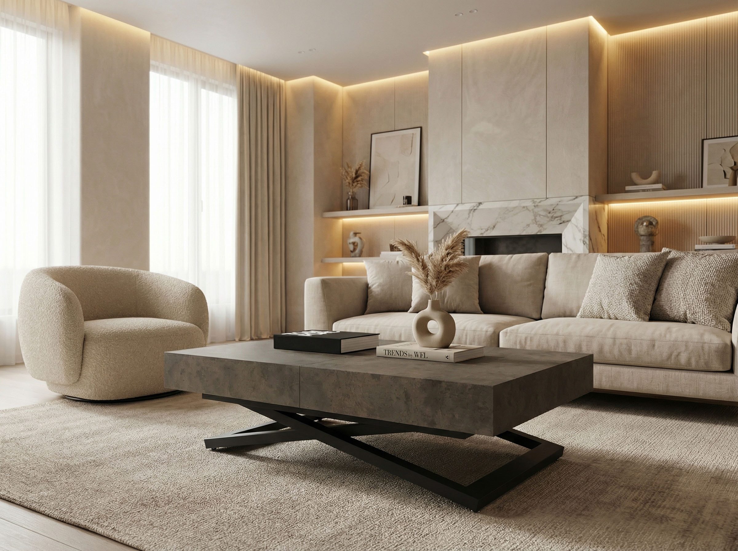 WFL GROUP Couchtisch Cavetta U höhenverstellbar ausziehbar mit schwarzen Metallbeinen (MADE IN EU, erhältlich in einer Größe – 120x80x27-76 cm, ausziehbar auf 200 cm), industrial Tisch in Holzoptik für Küche, Esszimmer oder Wohnzimmer