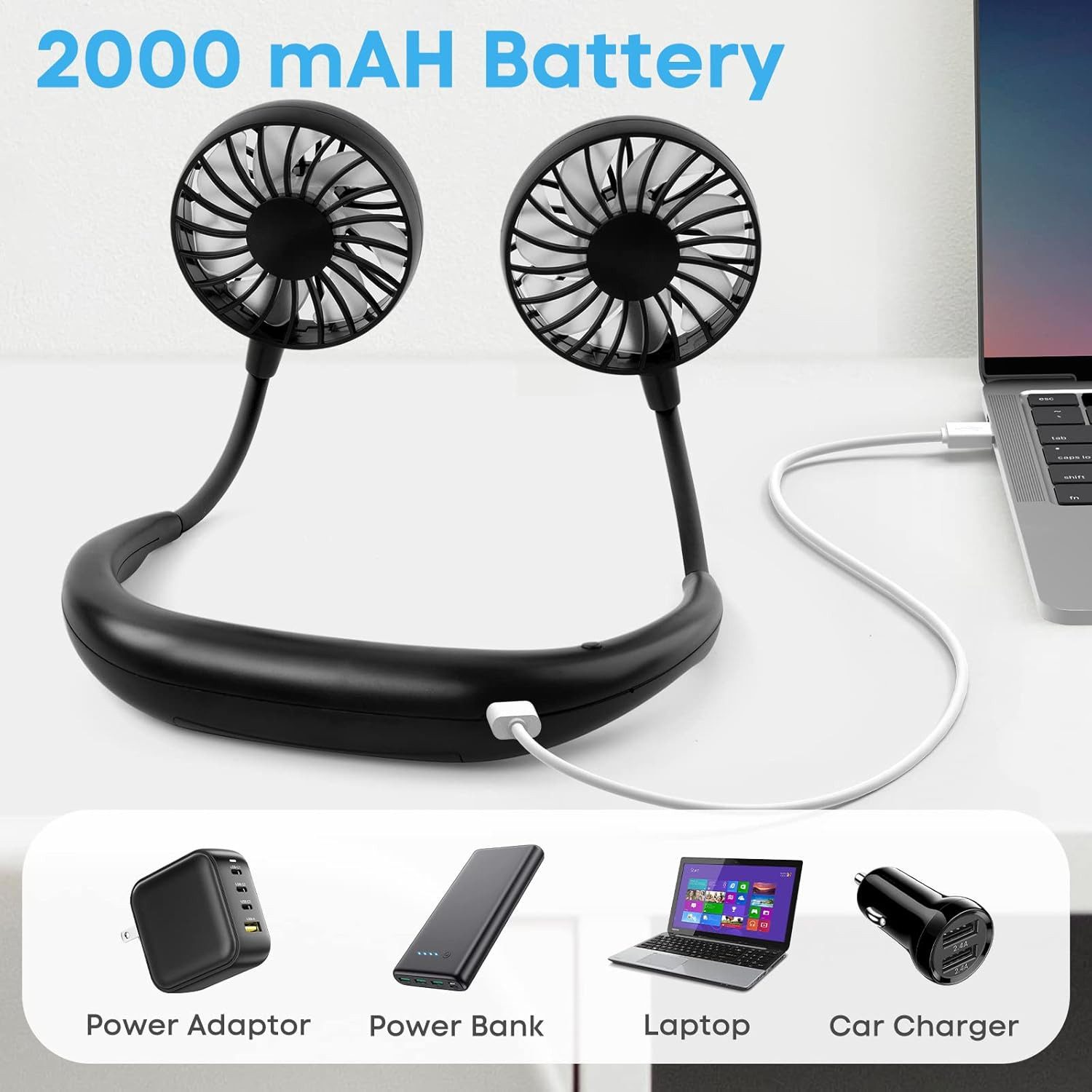 FELIXLEO Mini USB-Ventilator Nackenventilator 2000mAh USB leise tragbar Outdoor Schwarz