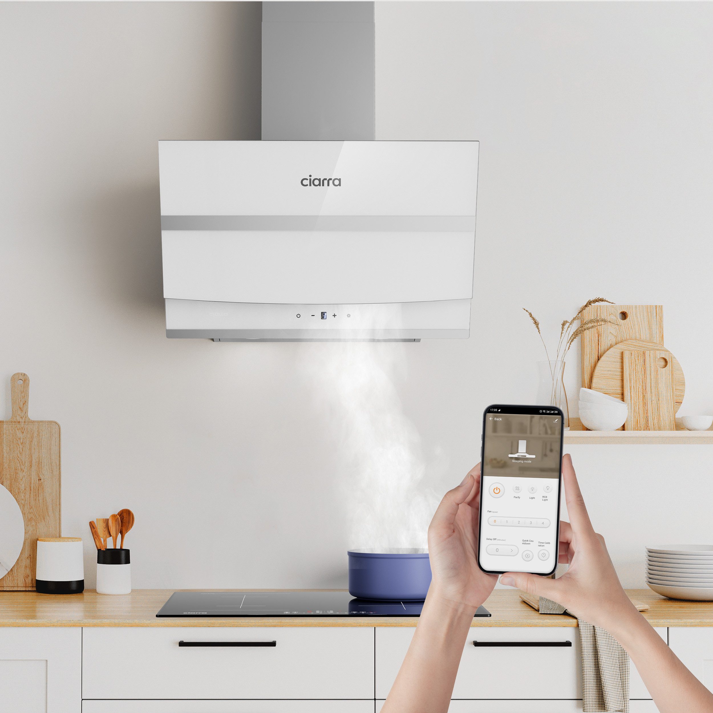 CIARRA Kopffreihaube 60 cm A+++ 650 m³/h Schräghaube leise Umluft & Abluft LED VM6736NW Serie WIFI-APP Touch Control 60 cm A+++ 650 m³/h Schräghaube leise Umluft & Abluft LED VM6736NW, Kopffrei Dunstabzugshaube 5-Minuten-Nachlaufschaltung BOOST 4 Stufen