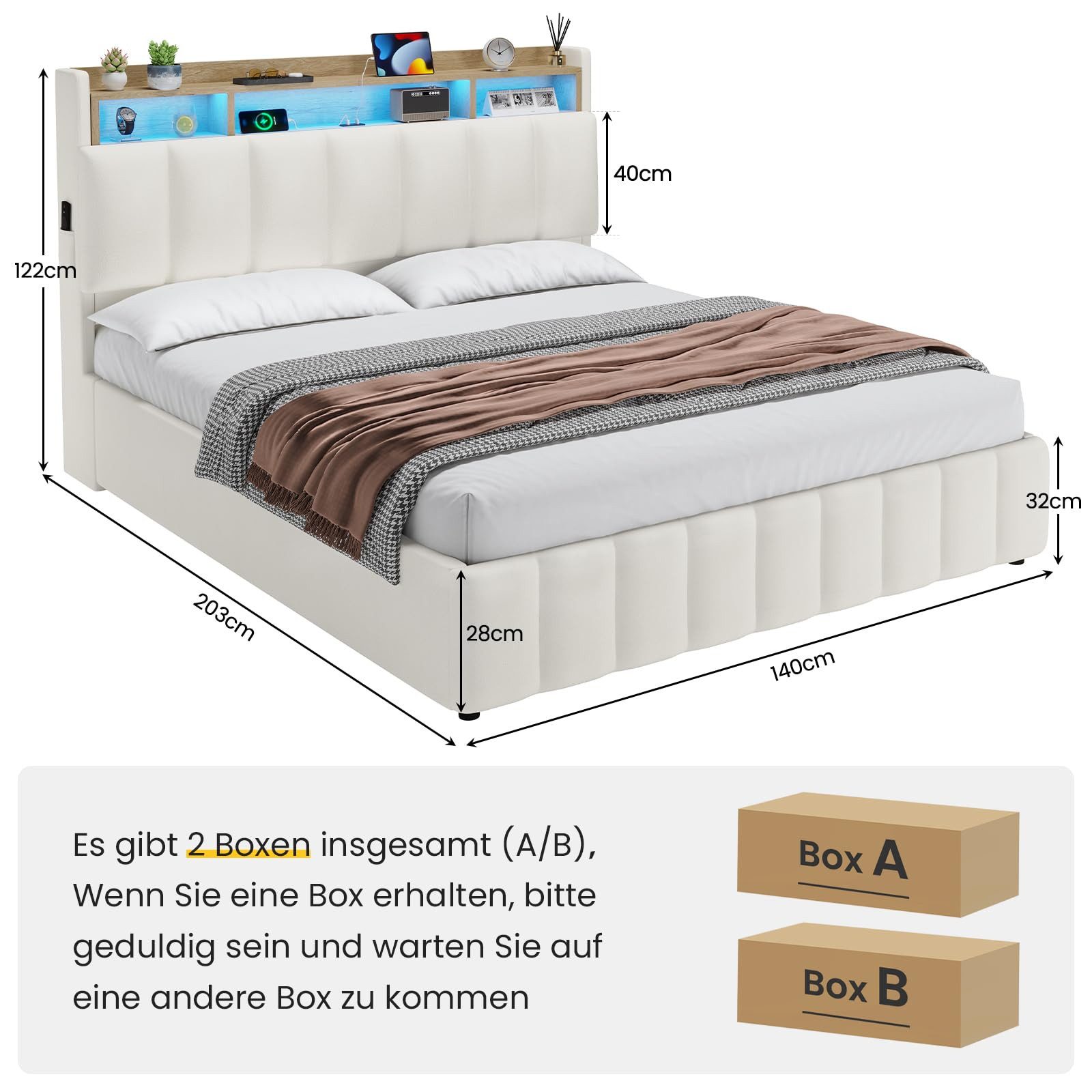 MSMASK Polsterbett mit LED Beleuchtung mit Ladefunktion, 140 x 190 cm, Beig günstig online kaufen