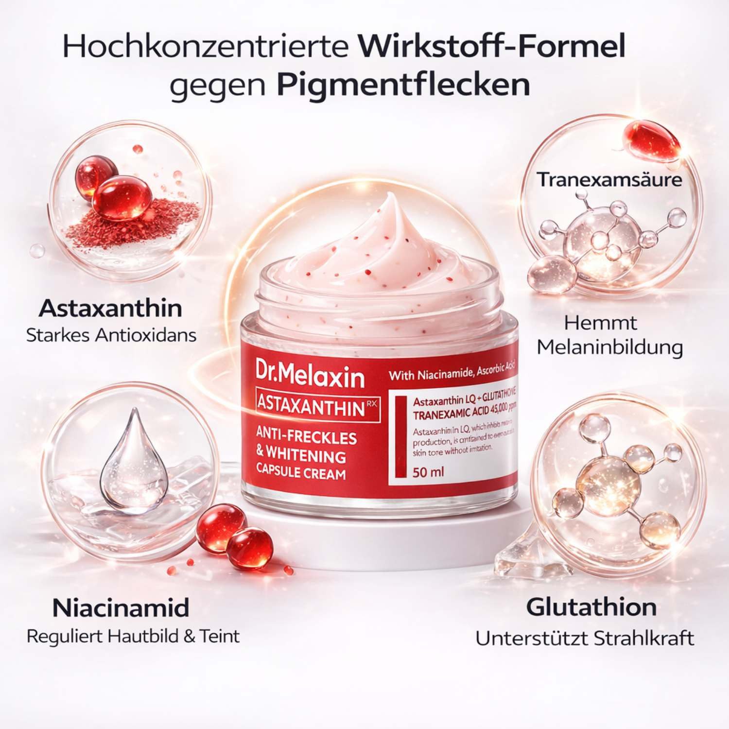 Dr.Melaxin Tagescreme TX-Astaxanthin Anti-Dark Spot Brightening Capsule Cream 50g – Whitening Capsule Cream mit Astaxanthin, Niacinamide & Tranexamic, Acid – Anti-Freckles Pflege für ebenmäßigen Hautton