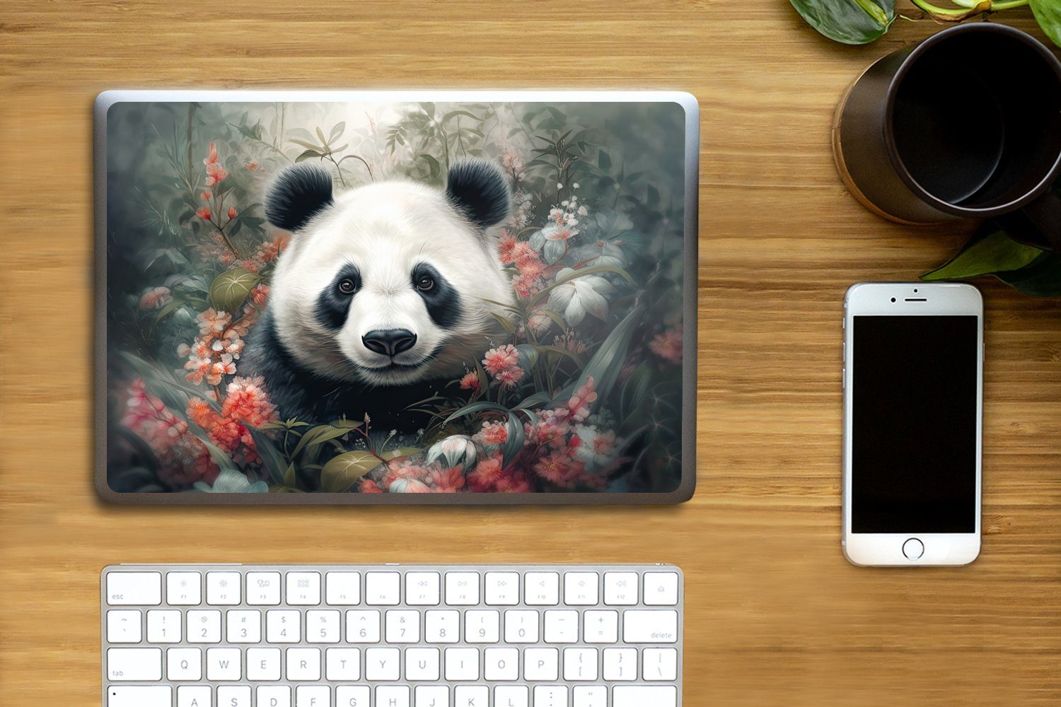 Thumbnail - MuchoWow Laptop-Aufkleber Panda - Wildtiere - Blumen - Natur, (1tlg), Laptop Folien Cover, Aufkleber, Sticker, Schutz vo...
