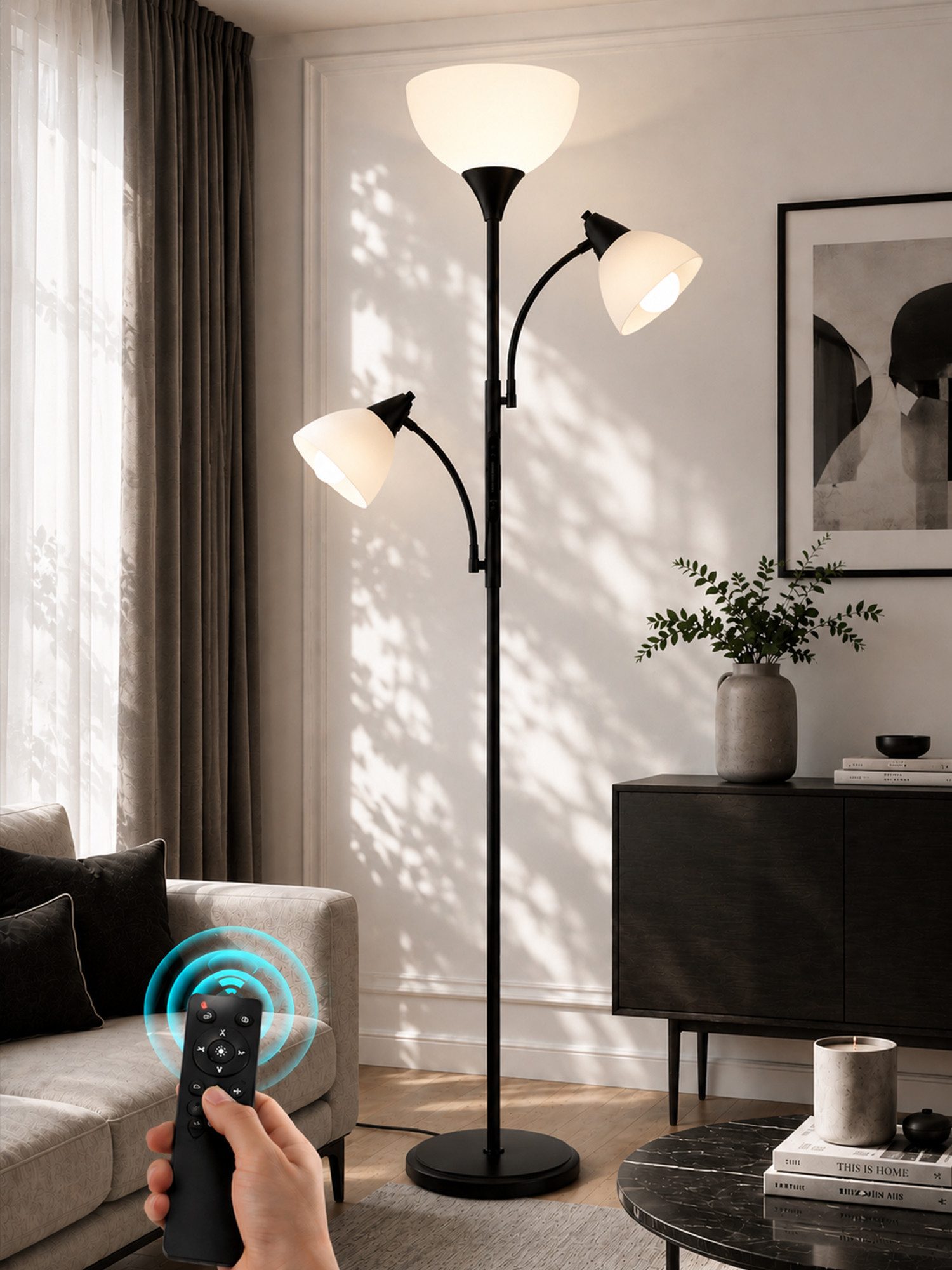 OUTON LED Stehlampe Stehlampe 3-armig, dimmbar, RGB & Weiß, mit Fernbedienung & APP, LED wechselbar, mit 3 x 9W Fernbedienungs-Lampen