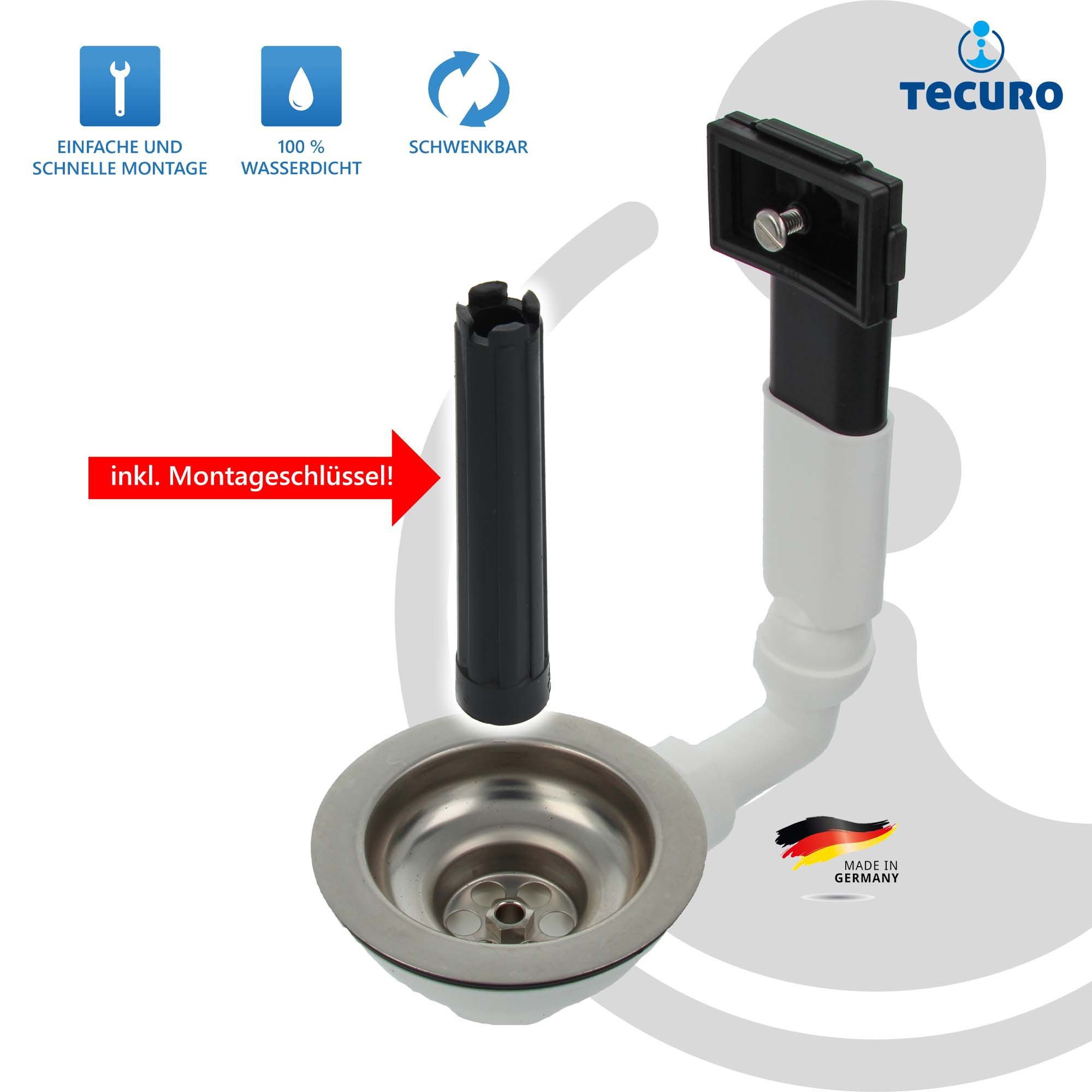 tecuro Siphon Spülen-Siebkorbventil Ø 114 mm (3 1/2 Zoll) mit Überlauf 38x64 mm – Bild 4 von 5