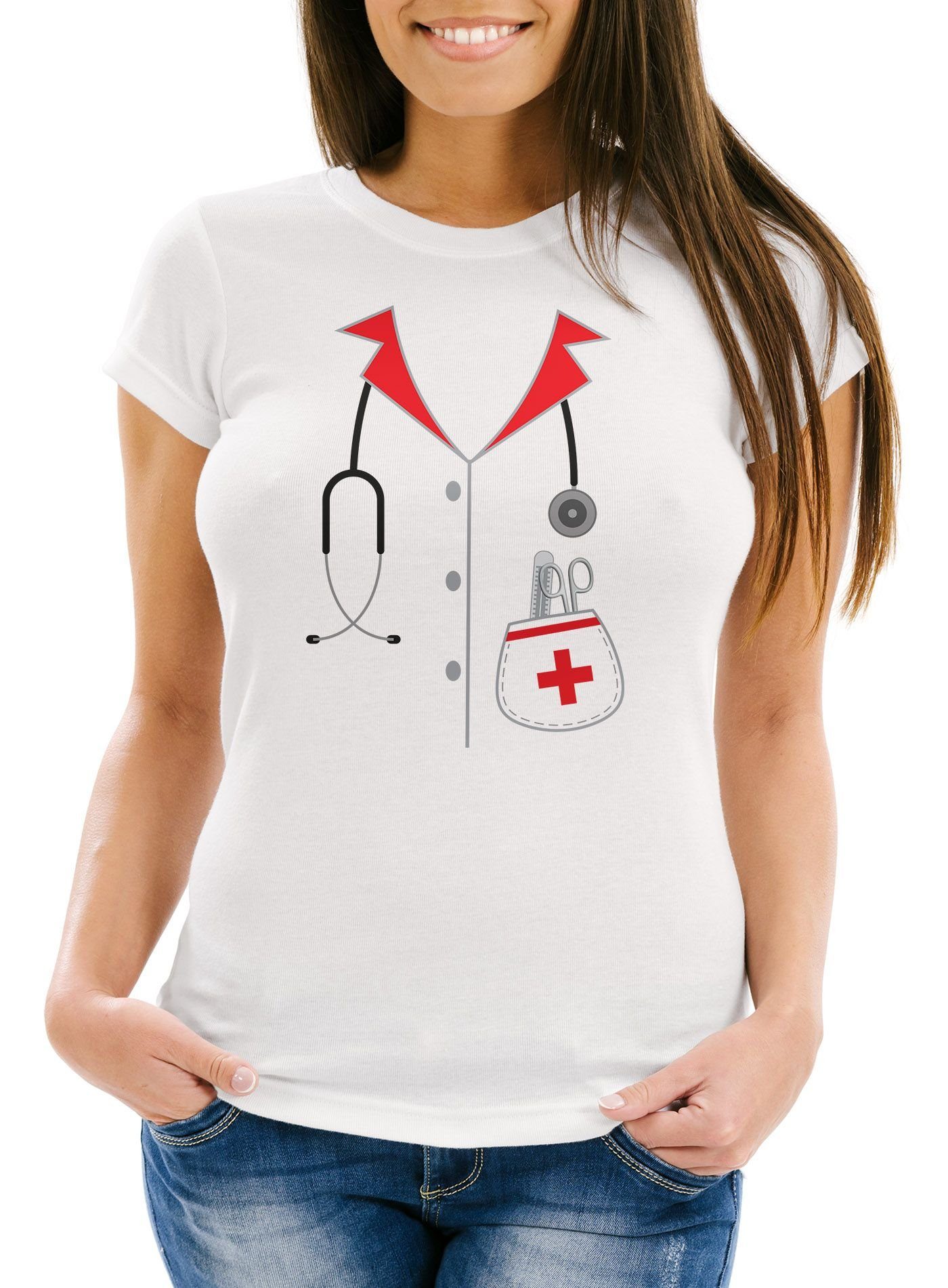 MoonWorks Print-Shirt Damen T-Shirt Krankenschwester Ärztin Arzthelferin Fasching Karneval Kostüm Verkleidung Slim Fit Moonworks® mit Print