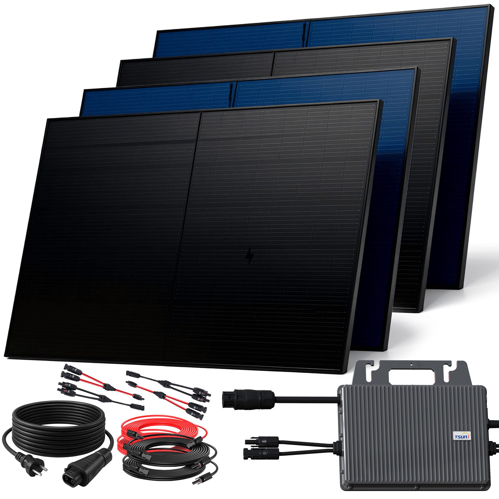 SUNNIVA Balkonkraftwerk 2000W BIFAZIAL FULLBLACK komplett Steckdose, (TSUN 800W Wechselrichter, PV Solaranlage, 4x 500W Glas-Glas Solarmodule, inkl. 5m Kabel, Bluetooth WIFI, Komplettset)