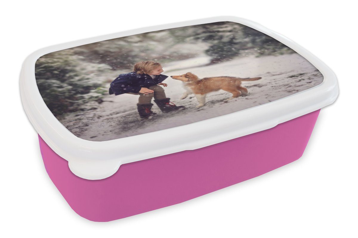 MuchoWow Lunchbox Mädchen - Hund - Schnee - Winter, Kunststoff, (2-tlg), Brotbox für Erwachsene, Brotdose Kinder, Snackbox, Mädchen, Kunststoff rosa