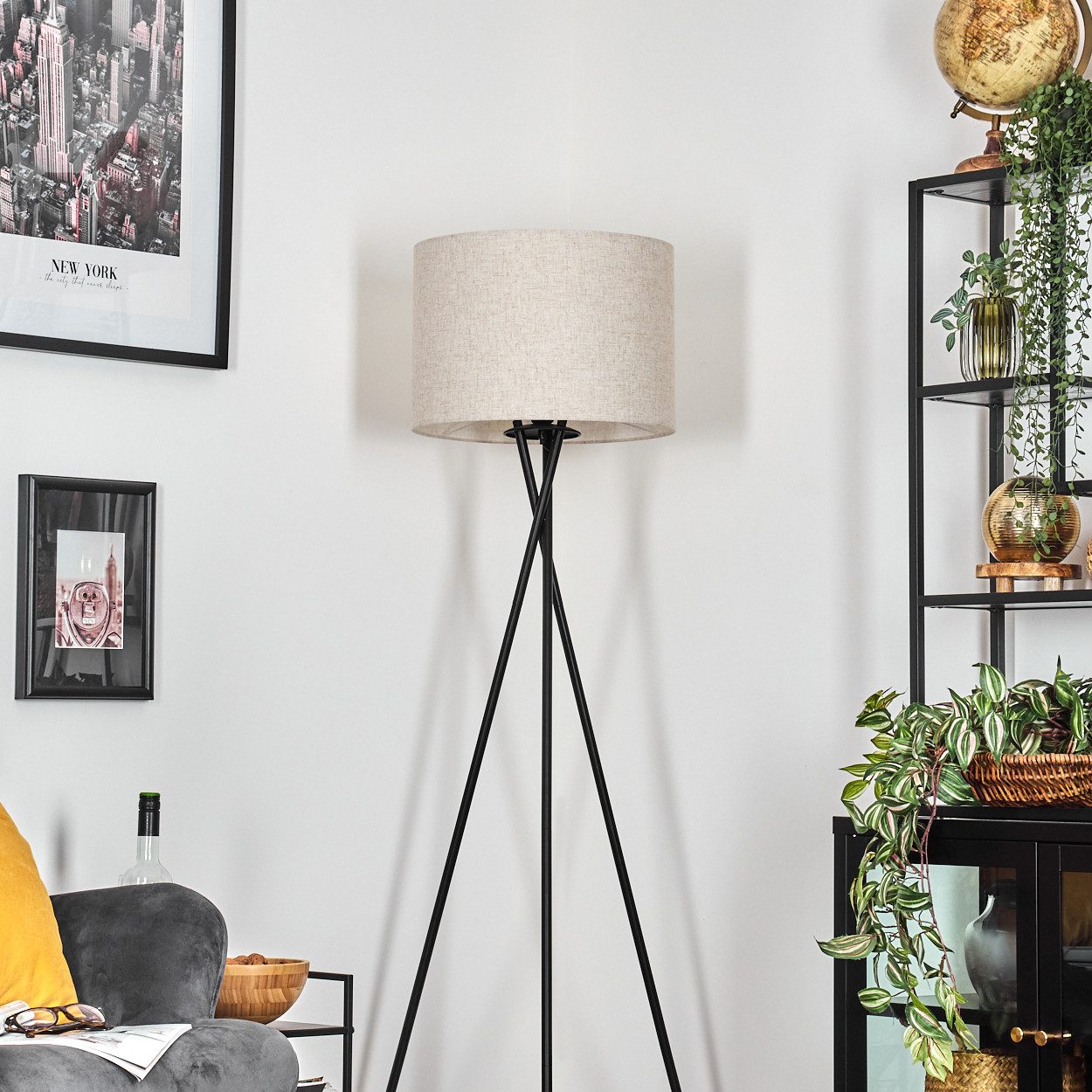 hofstein Stehlampe Stehlampe aus Metall/Stoff in Schwarz/Beige, ohne Leuchtmittel, Leuchte mit Schirm(40 cm), Höhe 156 cm, 1 x E27, ohne Leuchtmittel – Bild 2 von 5