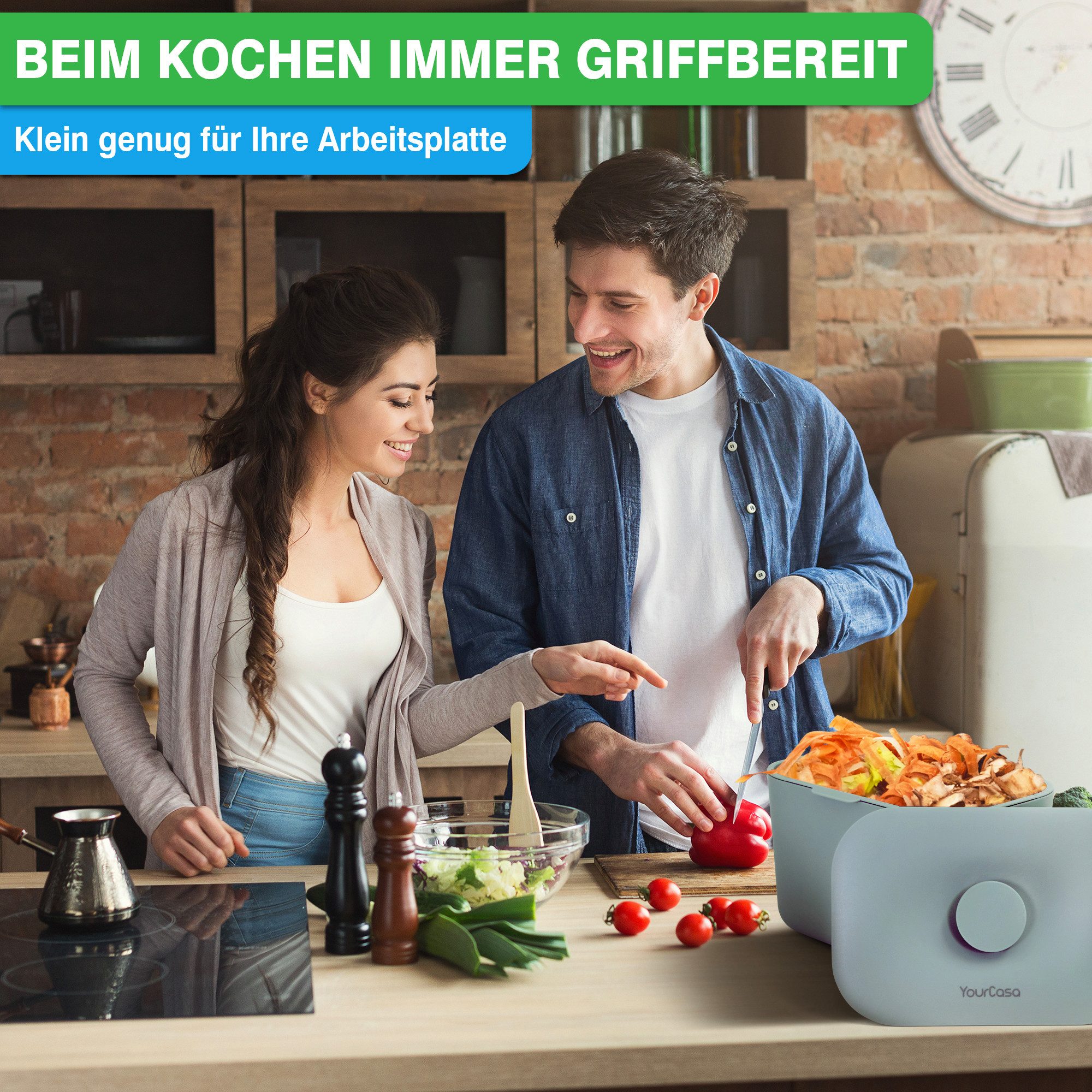 YourCasa Biomülleimer Küche 5L - Komposteimer Küche mit Sieb Spülmaschinenfest, Fassungsvermögen 5L, Spülmaschinenfest