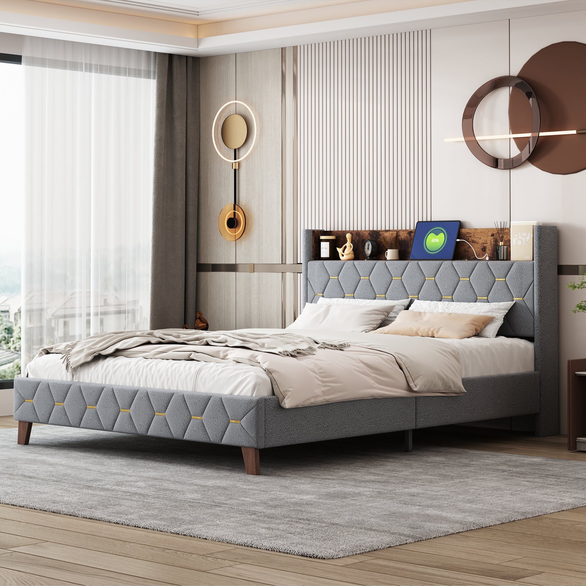 Polsterbett (Doppelbett 160x200cm mit Lattenrost), mit Stauraum am Kopfteil und USB-Anschluss, Bezug aus Samt
