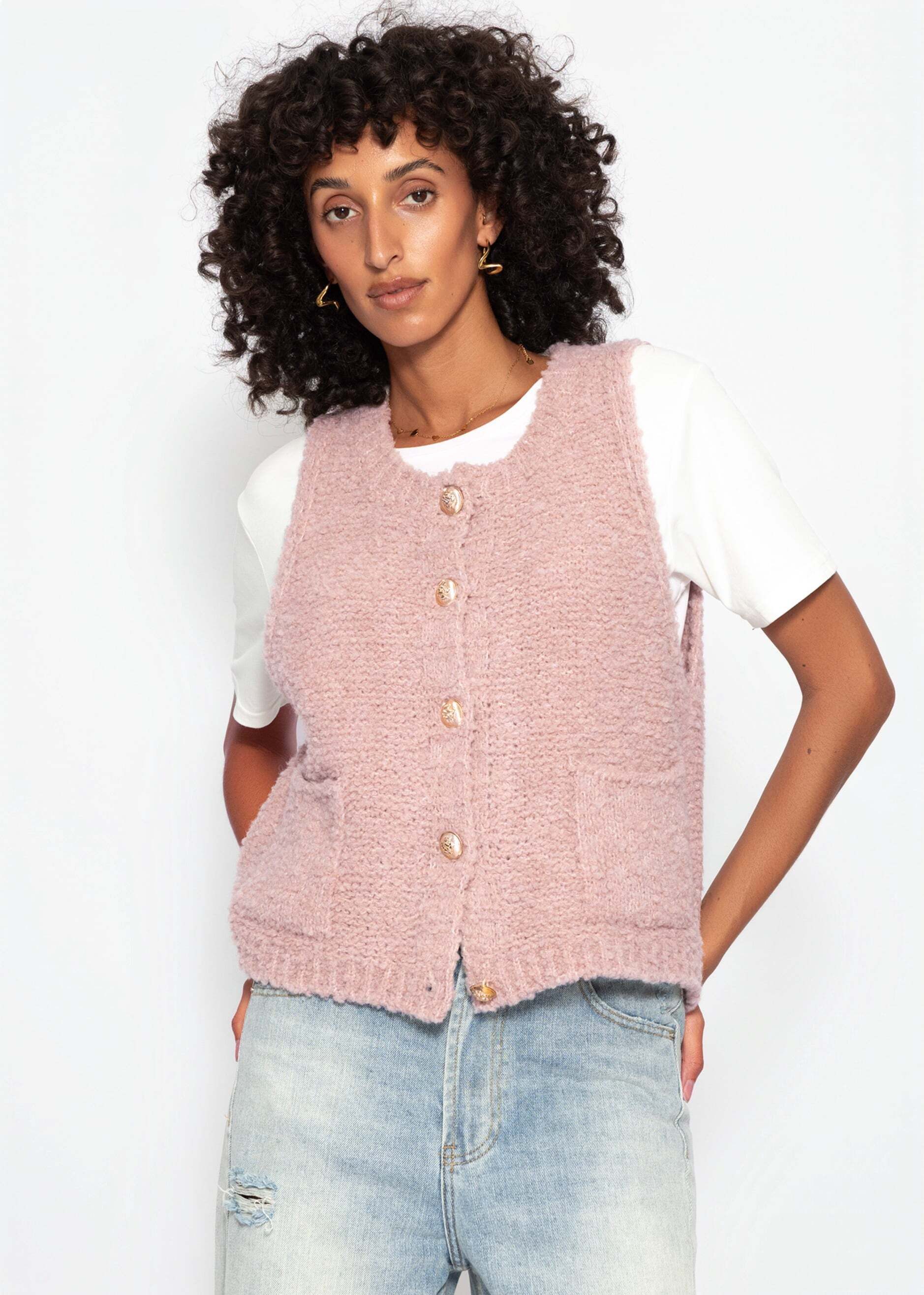 SASSYCLASSY Kurzweste Bouclé-Weste mit aufgesetzten Taschen für Damen Weiche Weste mit goldfarbenen Knöpfen Hellgrau – Bild 2 von 5