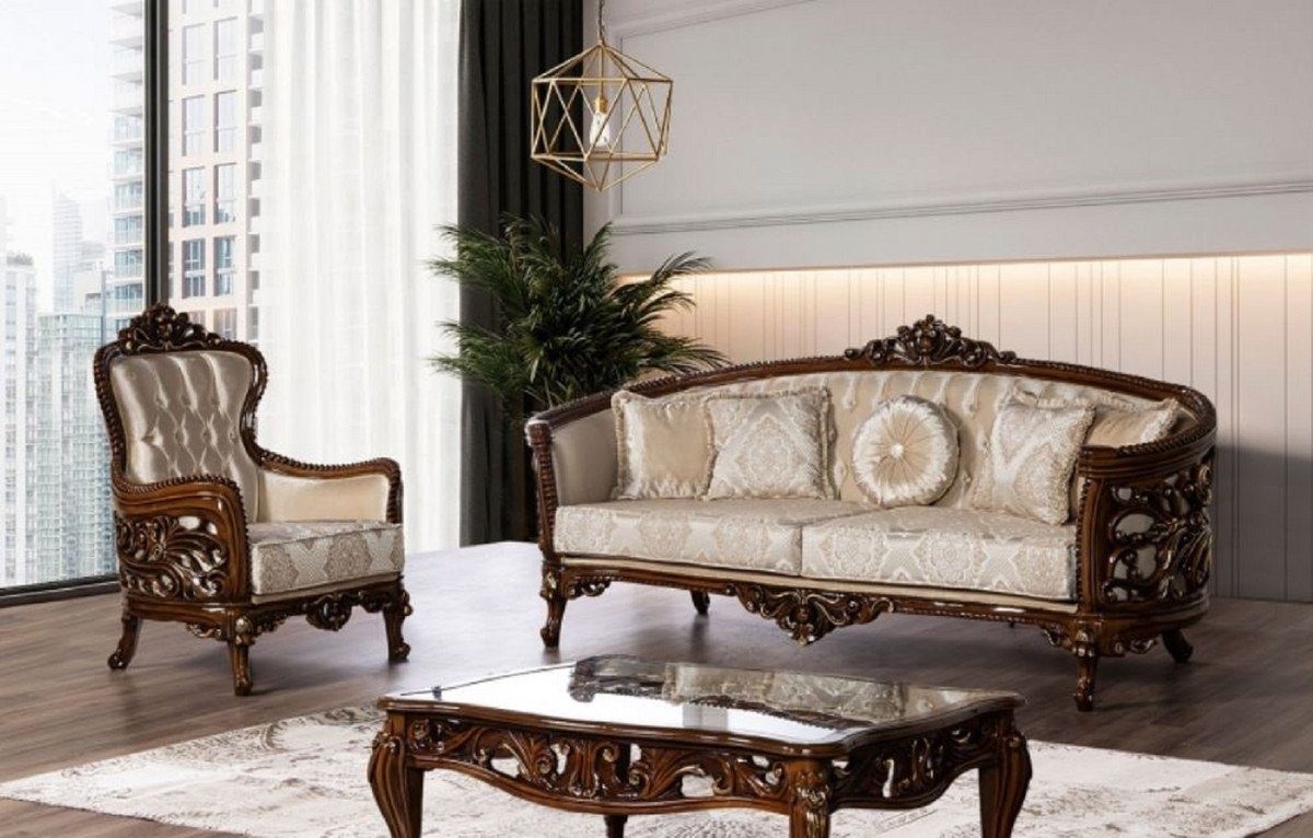 Casa Padrino Sessel Muster Luxus - elegantem mit Wohnzimmer - Braun Gold Prunkvoller Sessel Barock Wohnzimmer Möbel Barock Beige Sessel / 