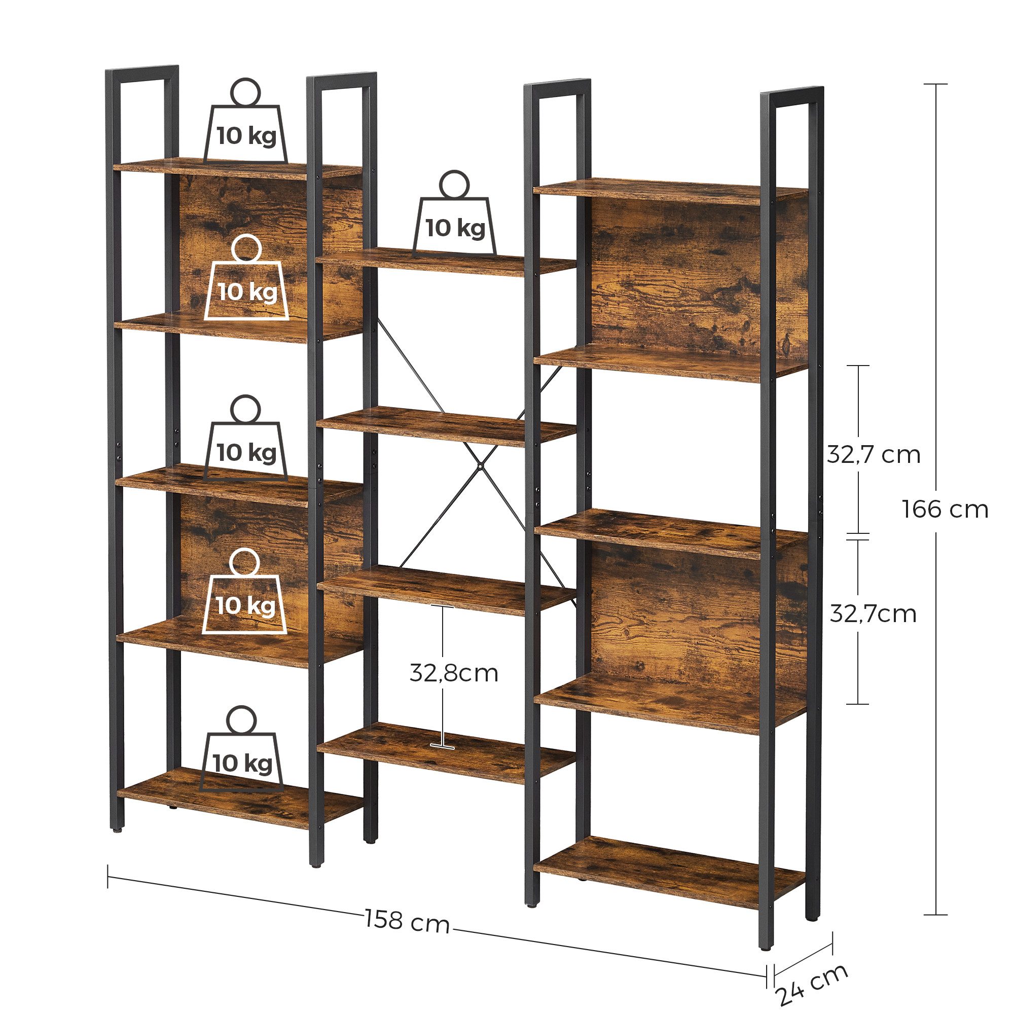 VASAGLE Bücherregal, mit 14 Ablagen, Regal mit Metallrahmen, für Wohnzimmer, Büro