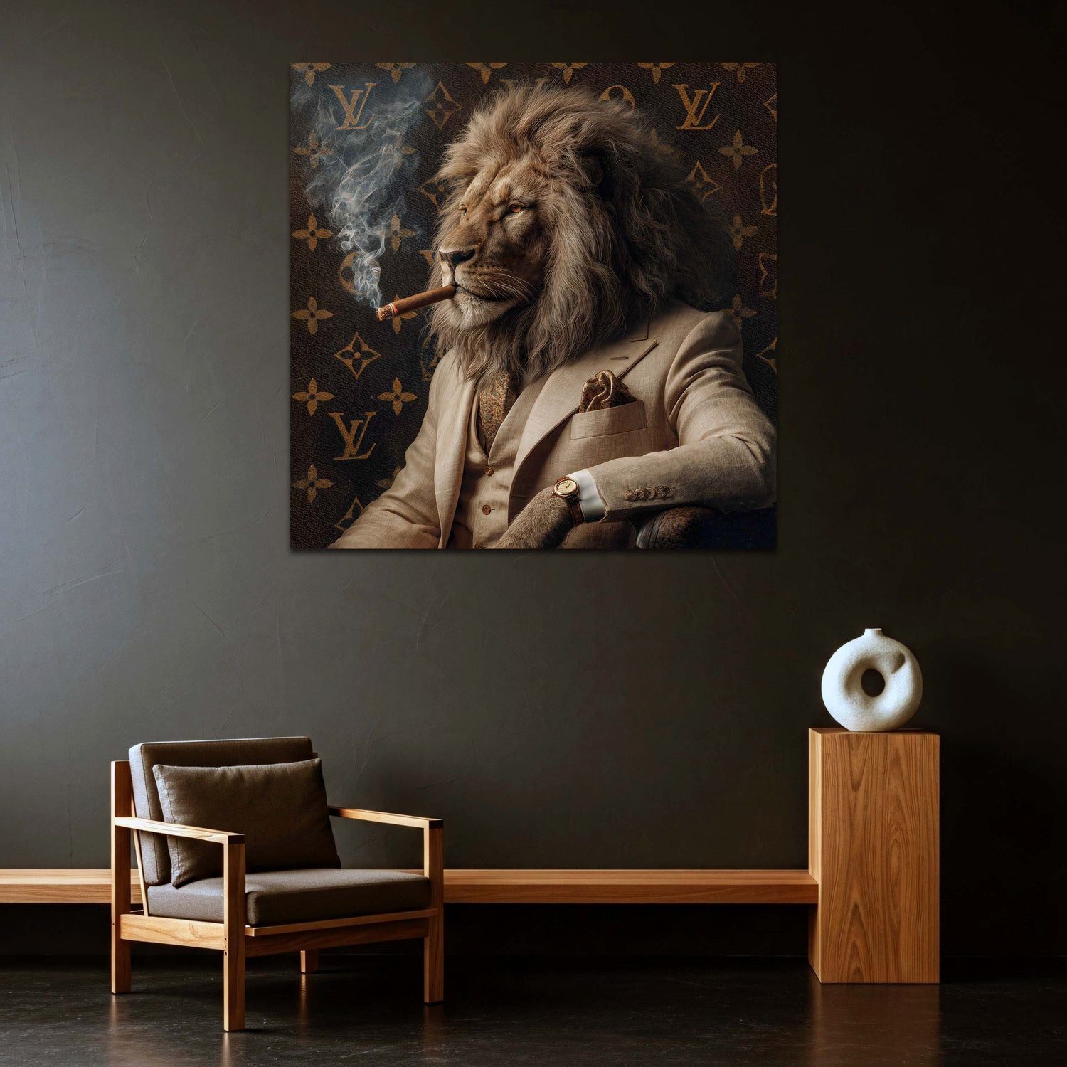 Artedinoi Leinwandbild Souveräner Löwe mit Zigarre in Eleganz Leinwandbild Wandbild Kunstdruc, Löwe mit Zigarre, elegant